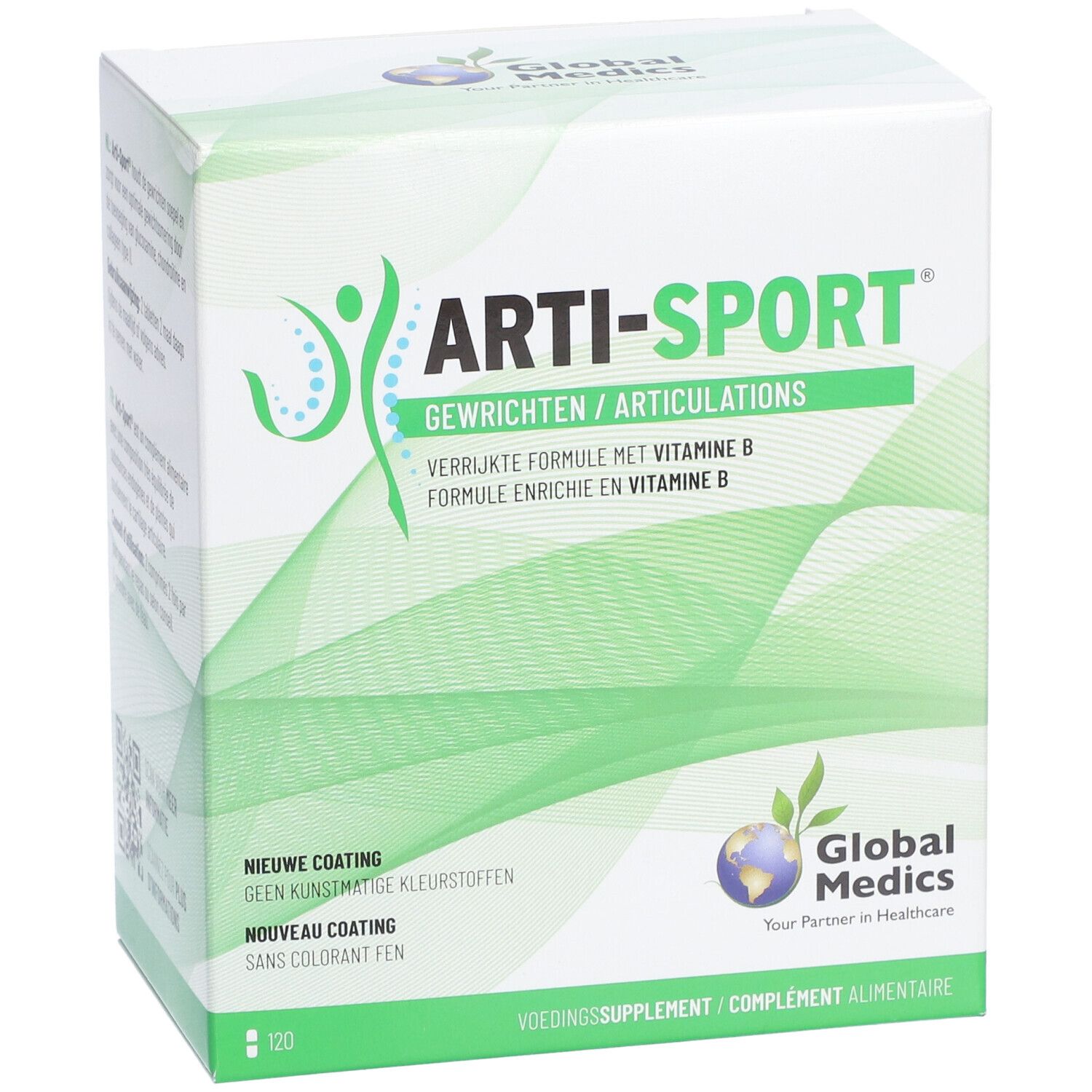 Verpakking Arti-Sport. Witte doos met groene accenten. Opschrift: Arti-Sport, Gewrichten/Articulations. Logo Global Medics. 120 tabletten.