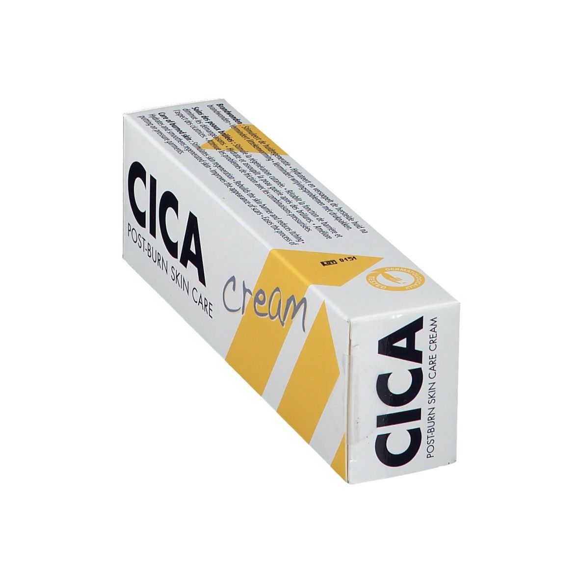 Emballage de crème CICA Post-Burn Skin Care. Blanc avec des accents jaunes. Inscription : CICA, cream. Vue en biais.