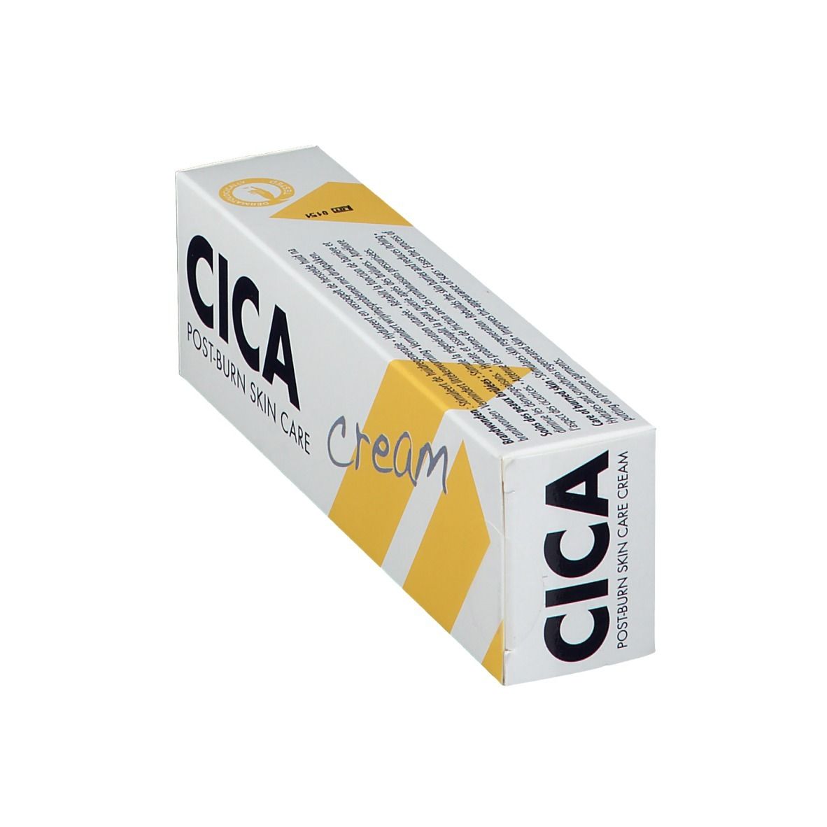 Emballage de crème CICA Post-Burn Skin Care. Blanc avec des accents jaunes. Inscription : CICA, cream. Vue en biais.