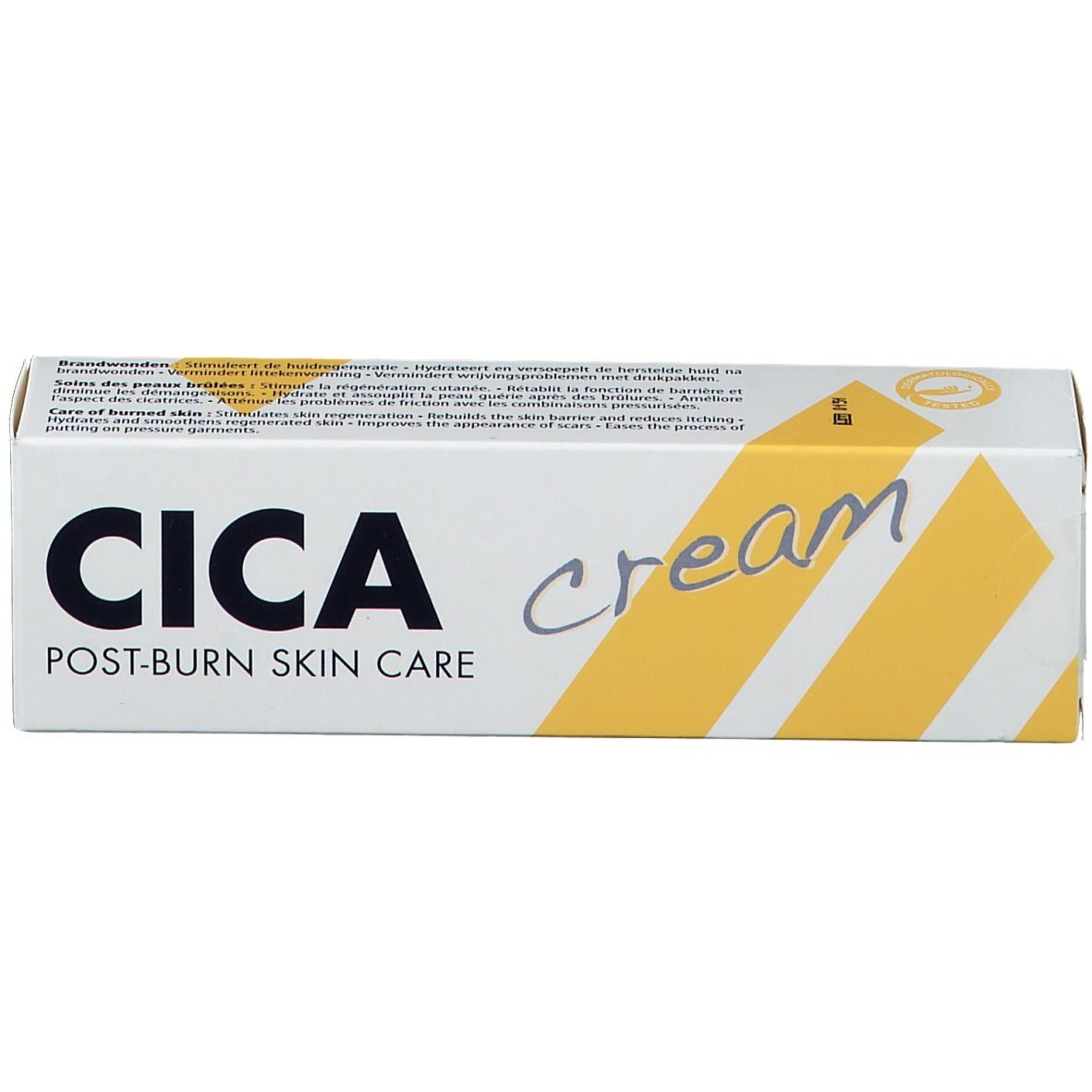 Emballage de crème CICA Post-Burn Skin Care. Blanc avec des accents jaunes. Inscription : CICA, cream.
