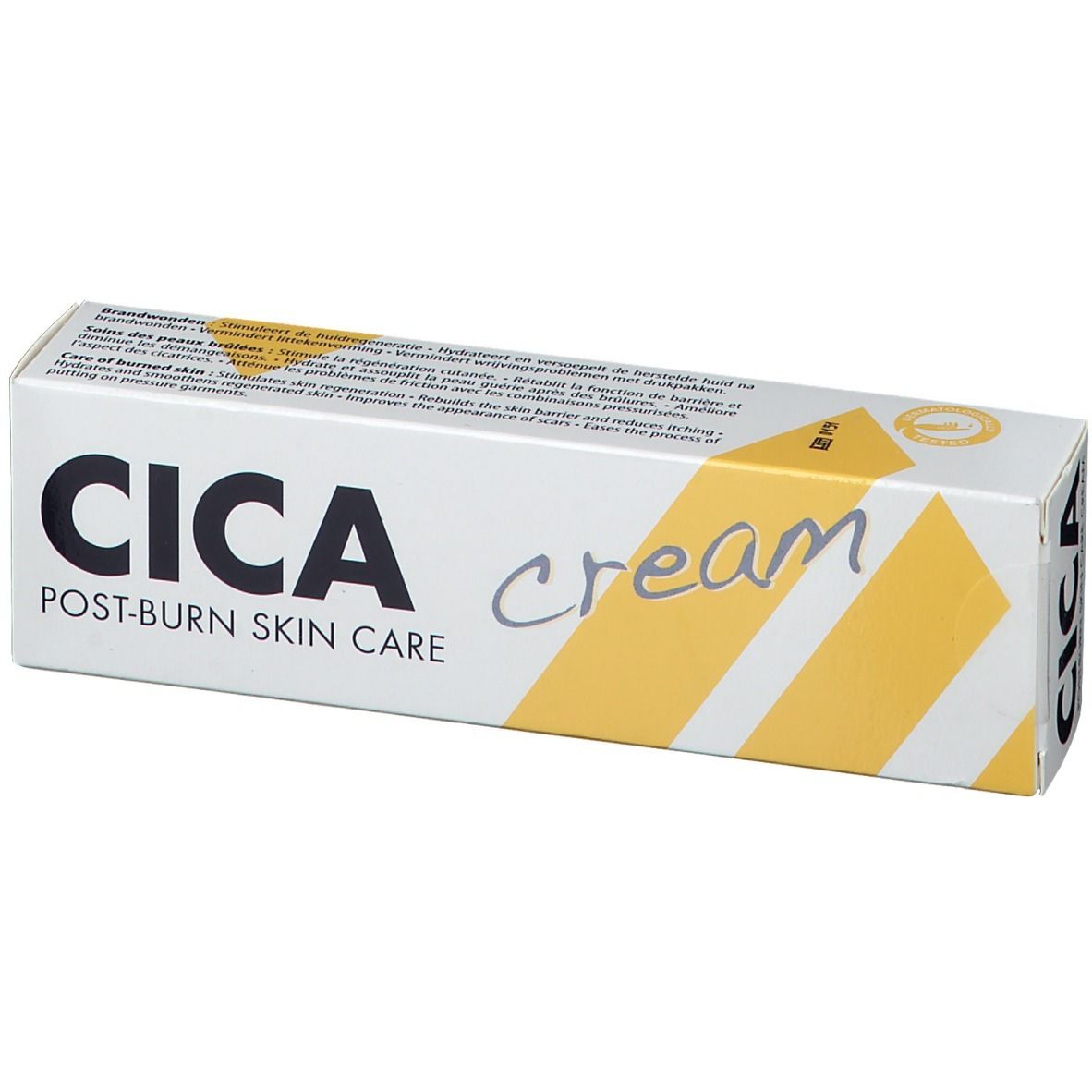 Emballage de crème CICA Post-Burn Skin Care. Blanc avec des accents jaunes. Inscription : CICA, cream.