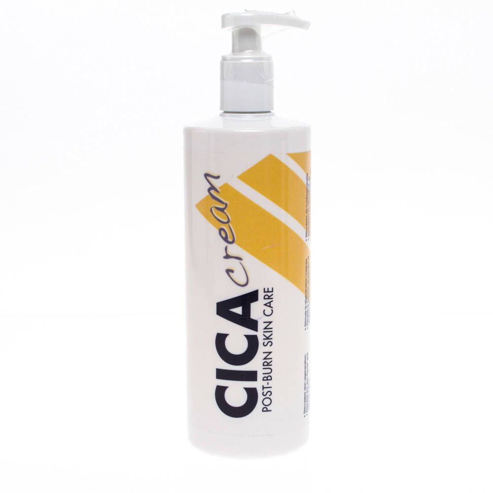 CICA cream fles met pomp. Wit etiket met gele strepen en tekst. Post-Burn Skin Care.
