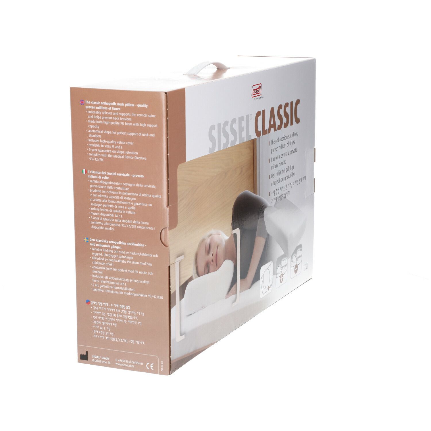 Boîte Sissel Classic. Image du produit et texte. Inscription : Oreiller cervical orthopédique.