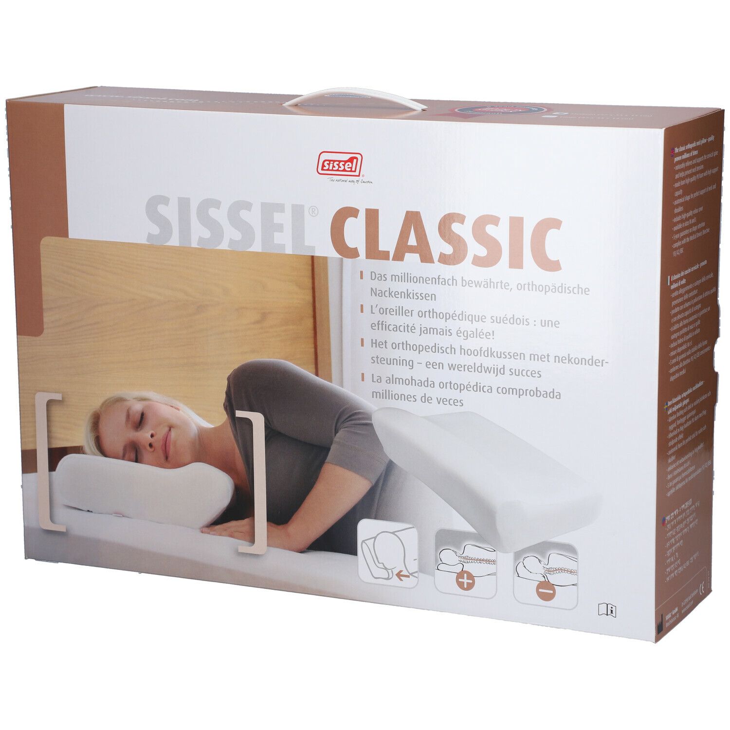 Boîte Sissel Classic. Illustration du produit et schémas. Inscription : Oreiller cervical orthopédique.