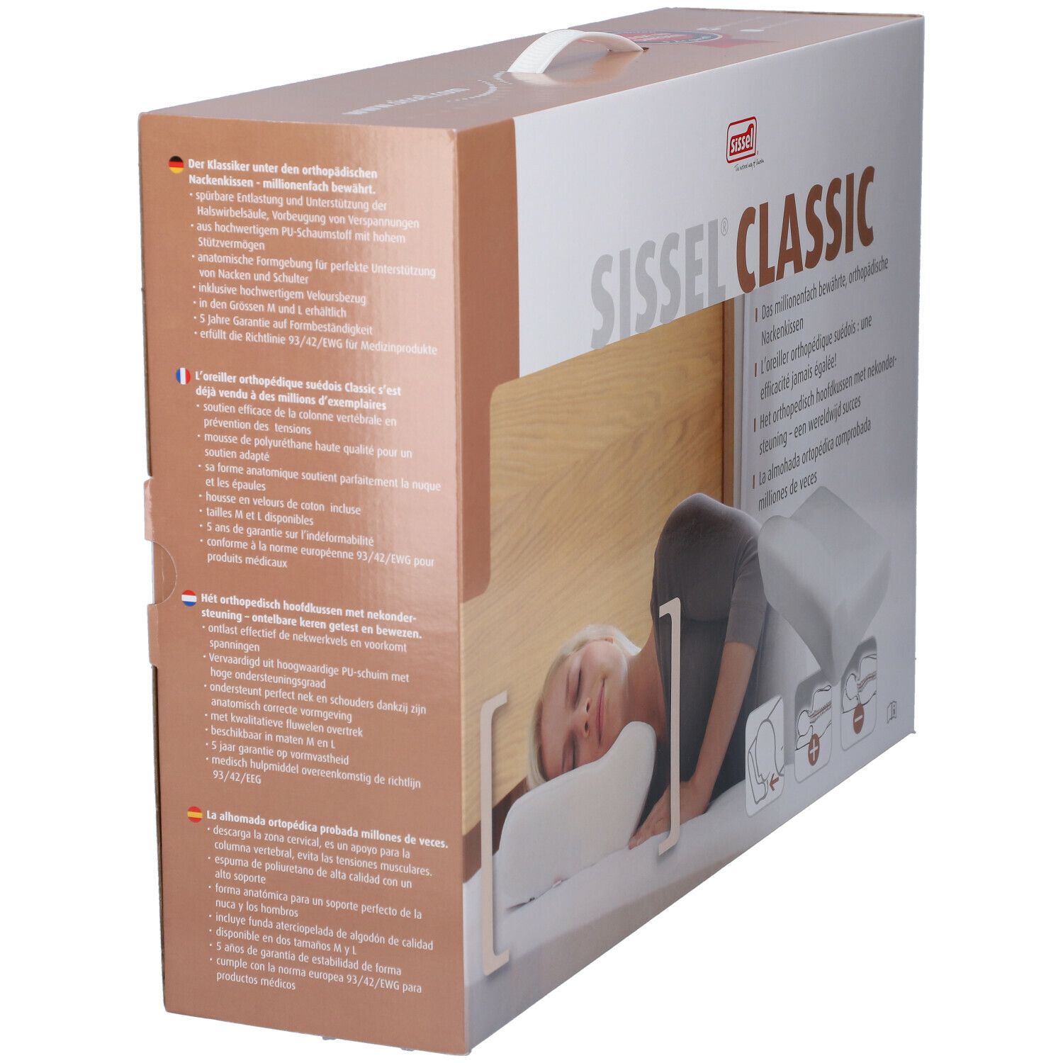 Boîte Sissel Classic. Image du produit et texte. Inscription : Oreiller cervical orthopédique.