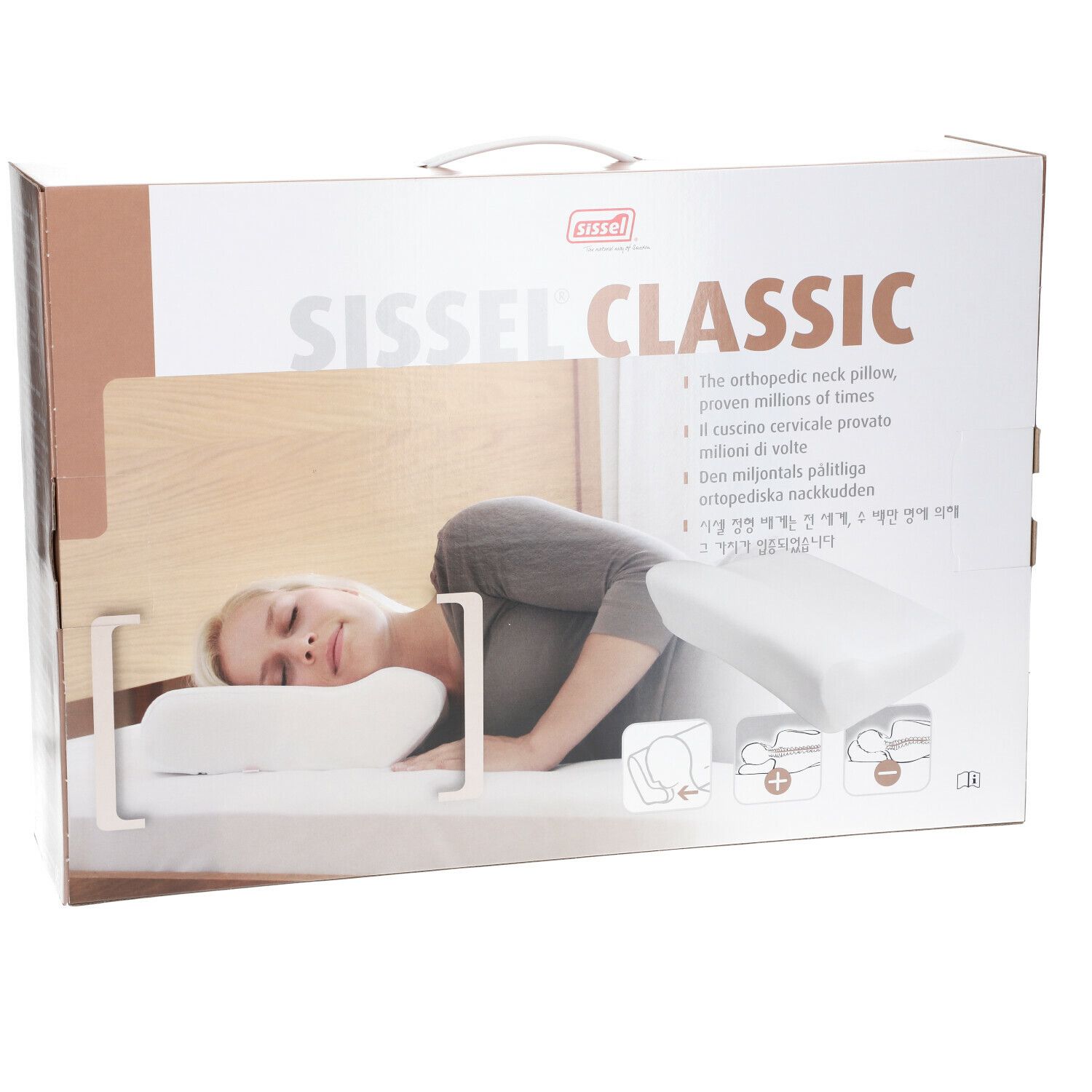 Boîte Sissel Classic. Illustration du produit et schémas. Inscription : Oreiller cervical orthopédique.