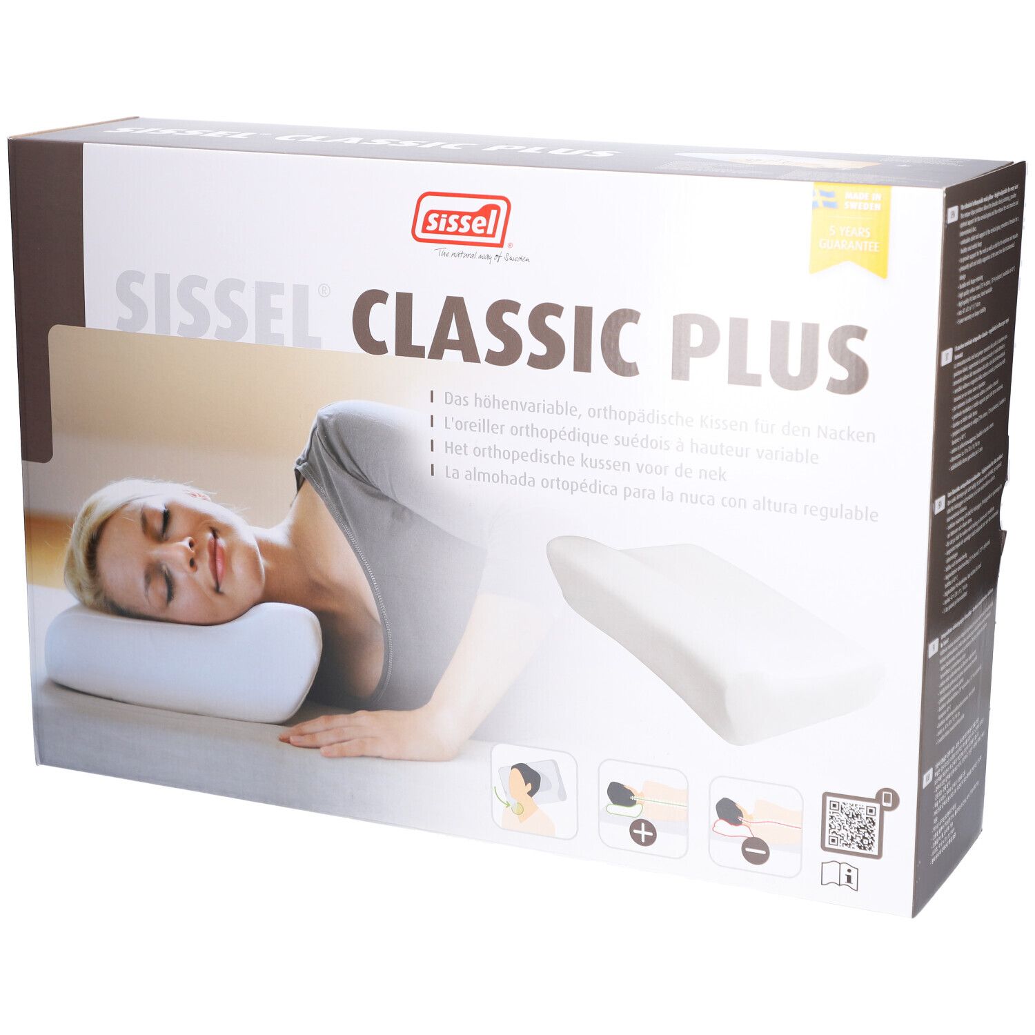Boîte Sissel Classic Plus. Femme allongée. Nom et logo visibles. Texte multilingue.