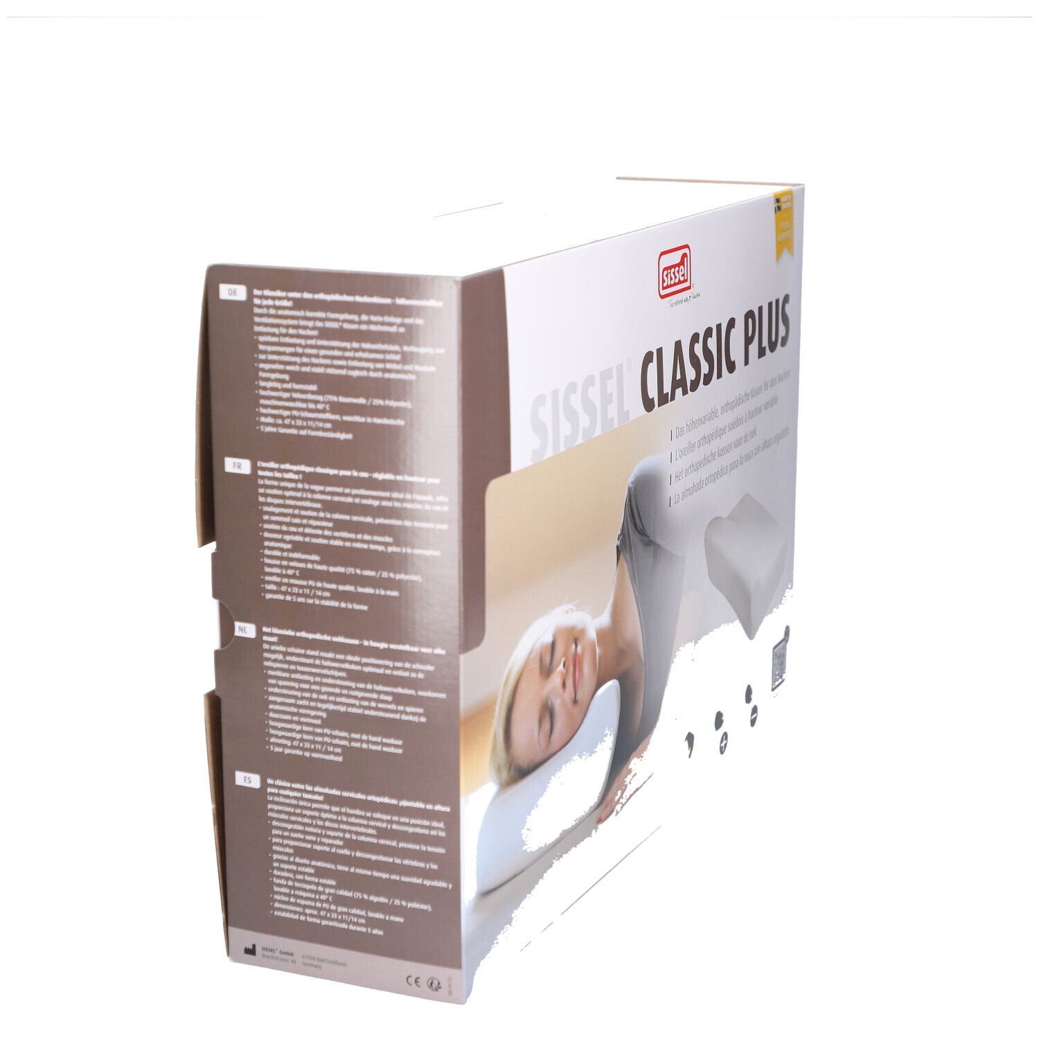Boîte Sissel Classic Plus. Femme allongée. Nom et logo visibles. Texte multilingue.