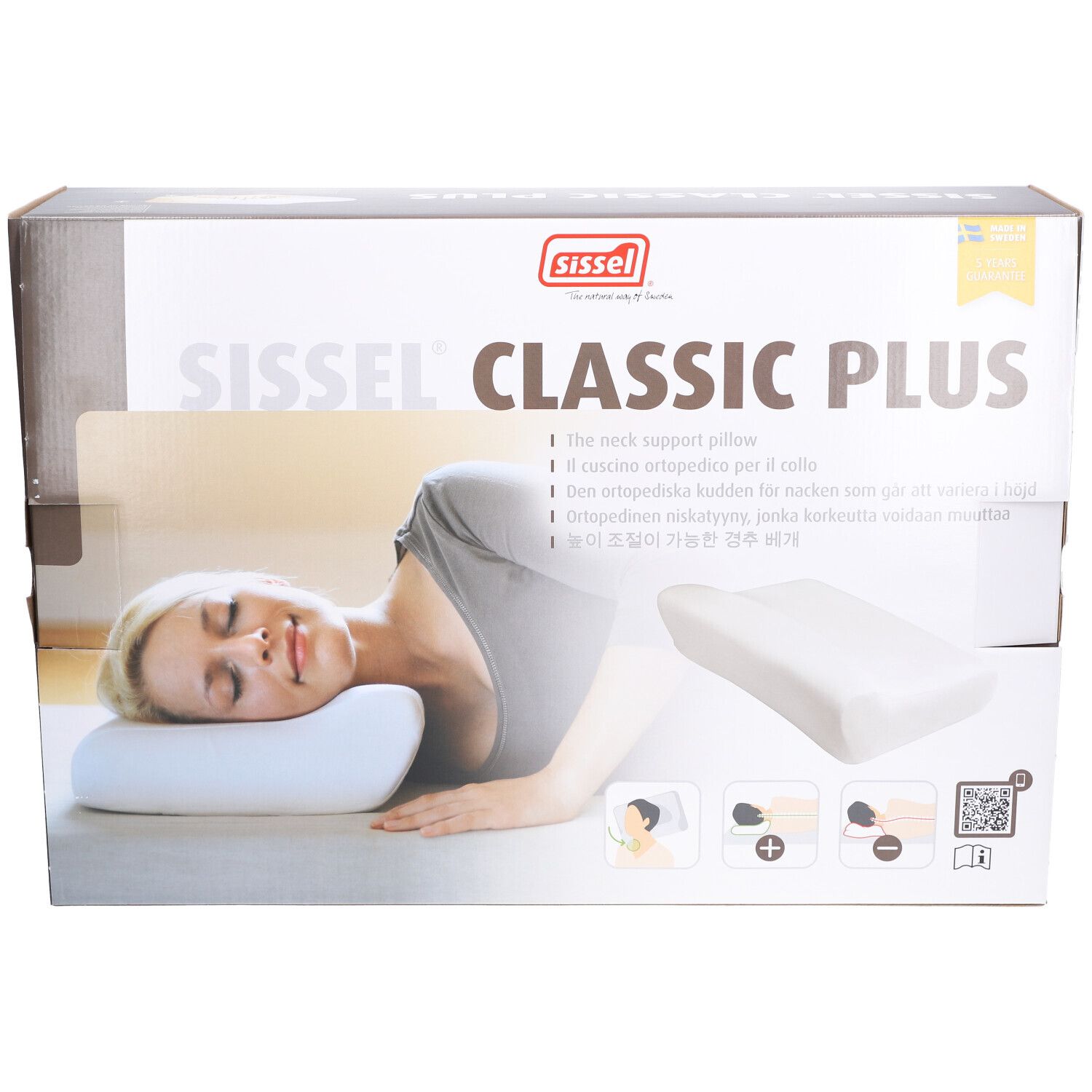 Boîte Sissel Classic Plus. Femme allongée. Nom et logo visibles. Texte multilingue.