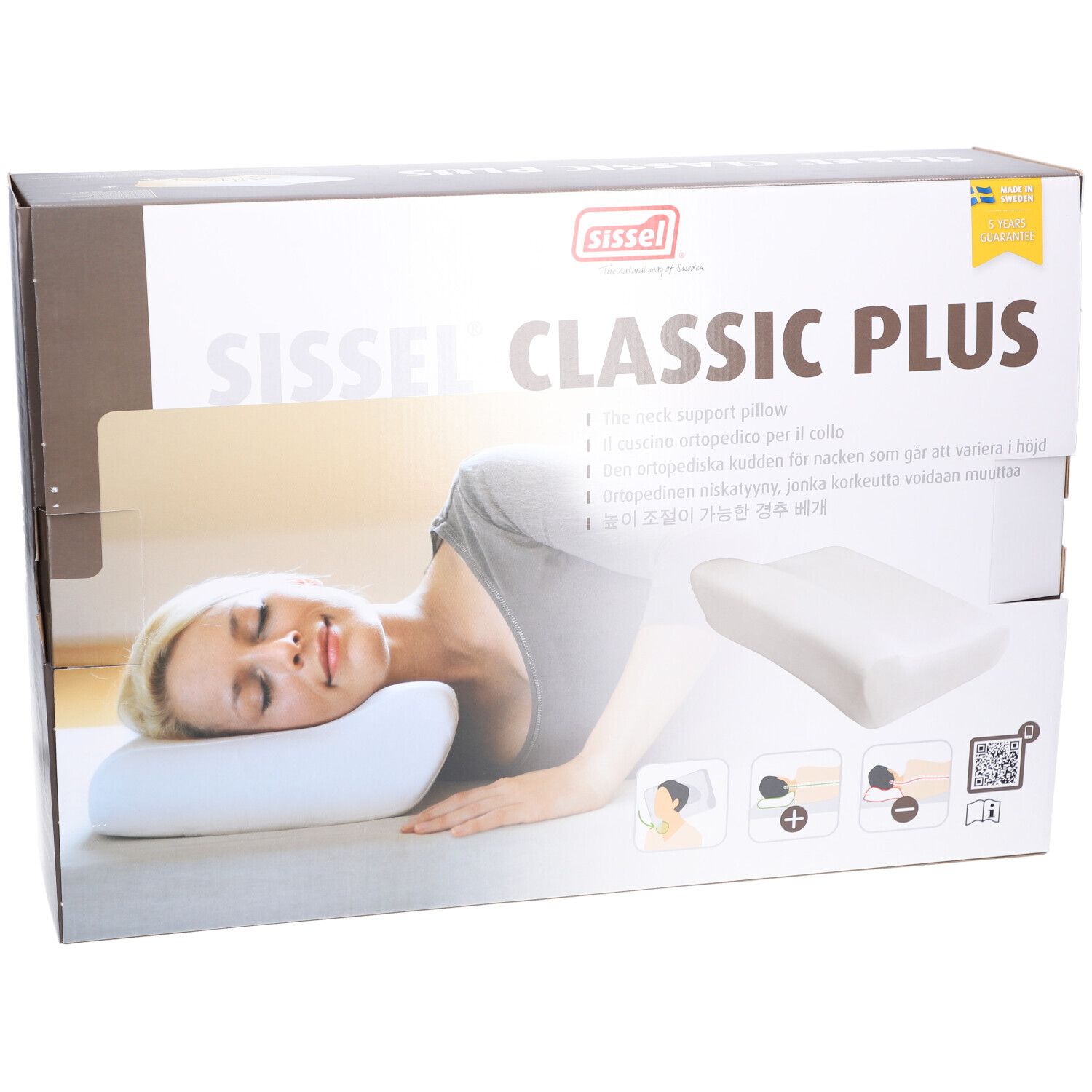 Boîte Sissel Classic Plus. Femme allongée. Nom et logo visibles. Texte multilingue.