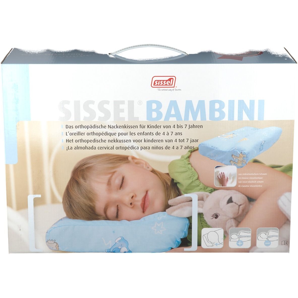 Emballage avec oreiller. Inscription: Sissel Bambini, oreiller orthopédique pour enfants. Enfant dormant sur l'oreiller.