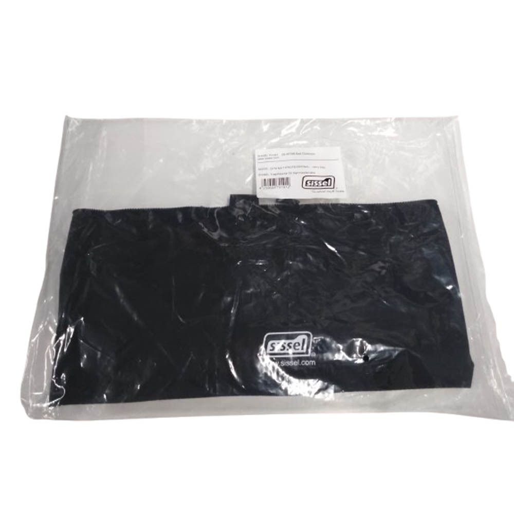 Schwarze Tragetasche in Plastikverpackung. Etikett mit Logo und Text. Marke: Sissel.