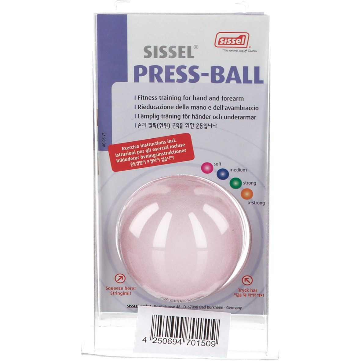 Roze Press-Ball in verpakking. Opschrift: Sissel Press-Ball, oefeninstructies. Zacht, medium, sterk. Barcode onderaan. Transparante verpakking.