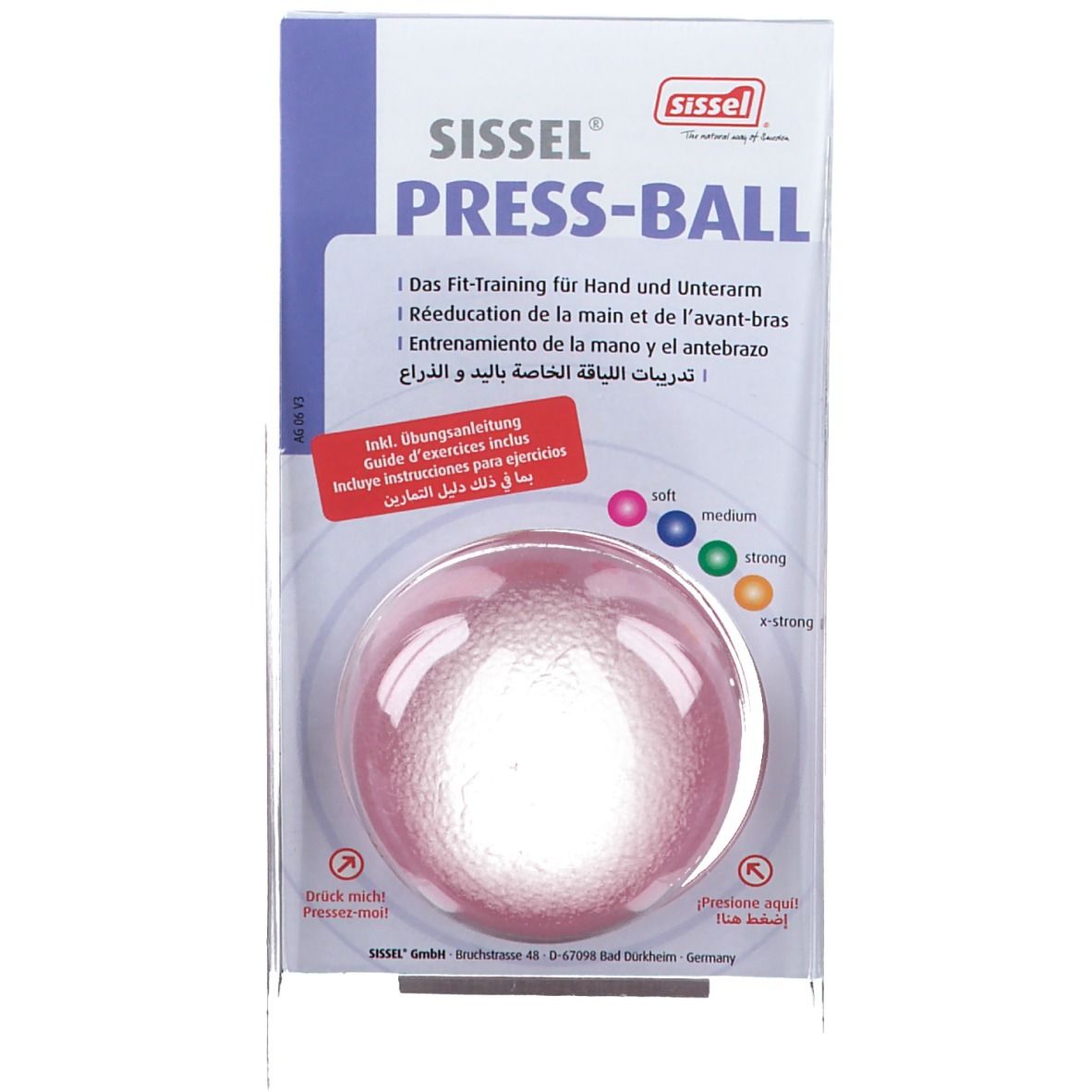 Roze Press-Ball in verpakking. Opschrift: Sissel Press-Ball, oefeninstructies. Zacht, medium, sterk. Transparante verpakking.