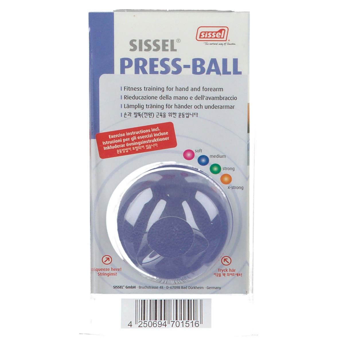 Blauwe Sissel Press-Ball Medium in verpakking. Met instructies. Opschrift: Sissel Press-Ball, hardheidsaanduidingen, barcode.
