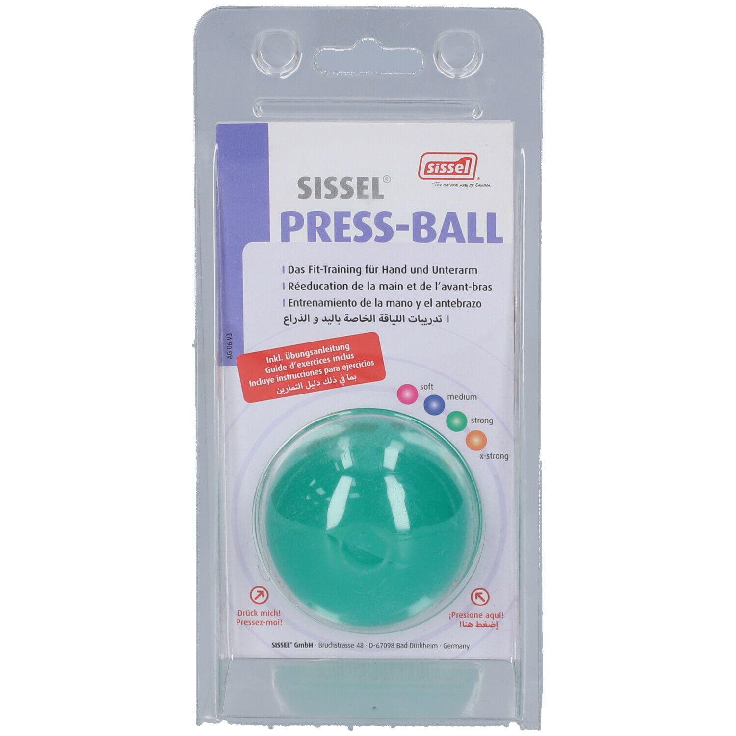 Sissel Press-Ball vert dans un emballage blister. Inscription : Press-Ball, entraînement fitness pour la main et l'avant-bras. Différentes duretés.