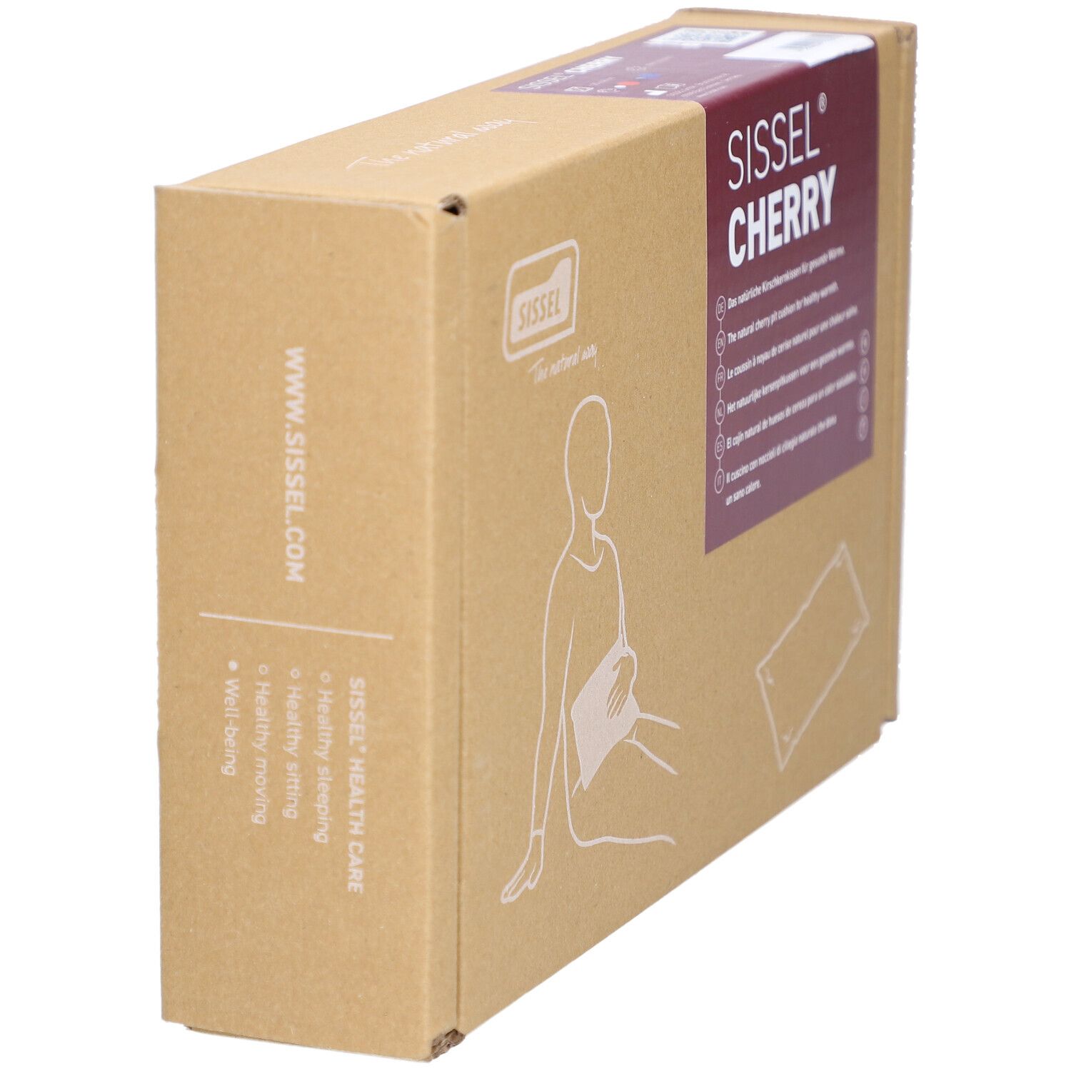 Emballage en carton avec nom de marque Sissel Cherry et adresse du site web. Illustration d'une personne.