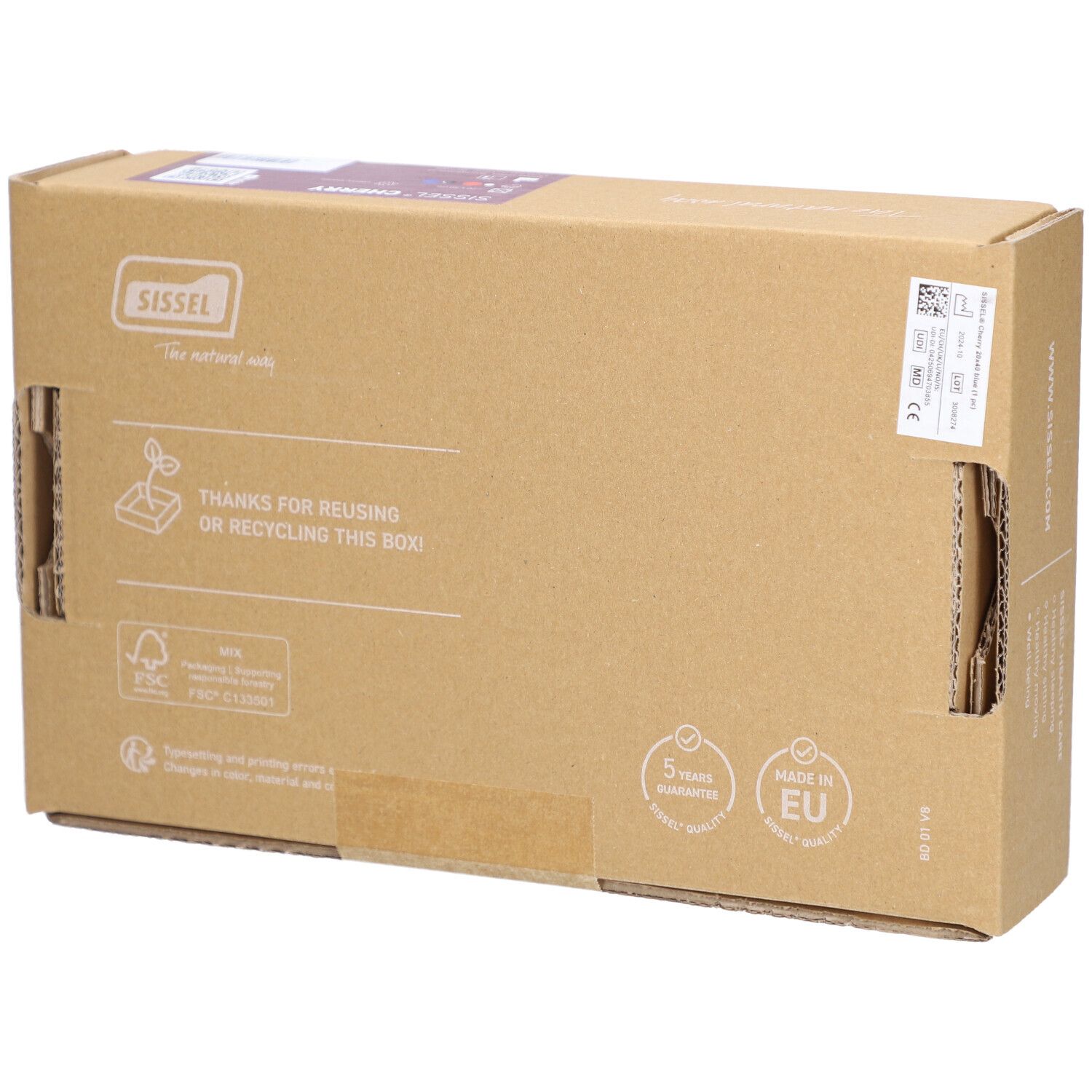 Dos de l'emballage en carton avec texte et logos. Label FSC et marquage de conformité UE.
