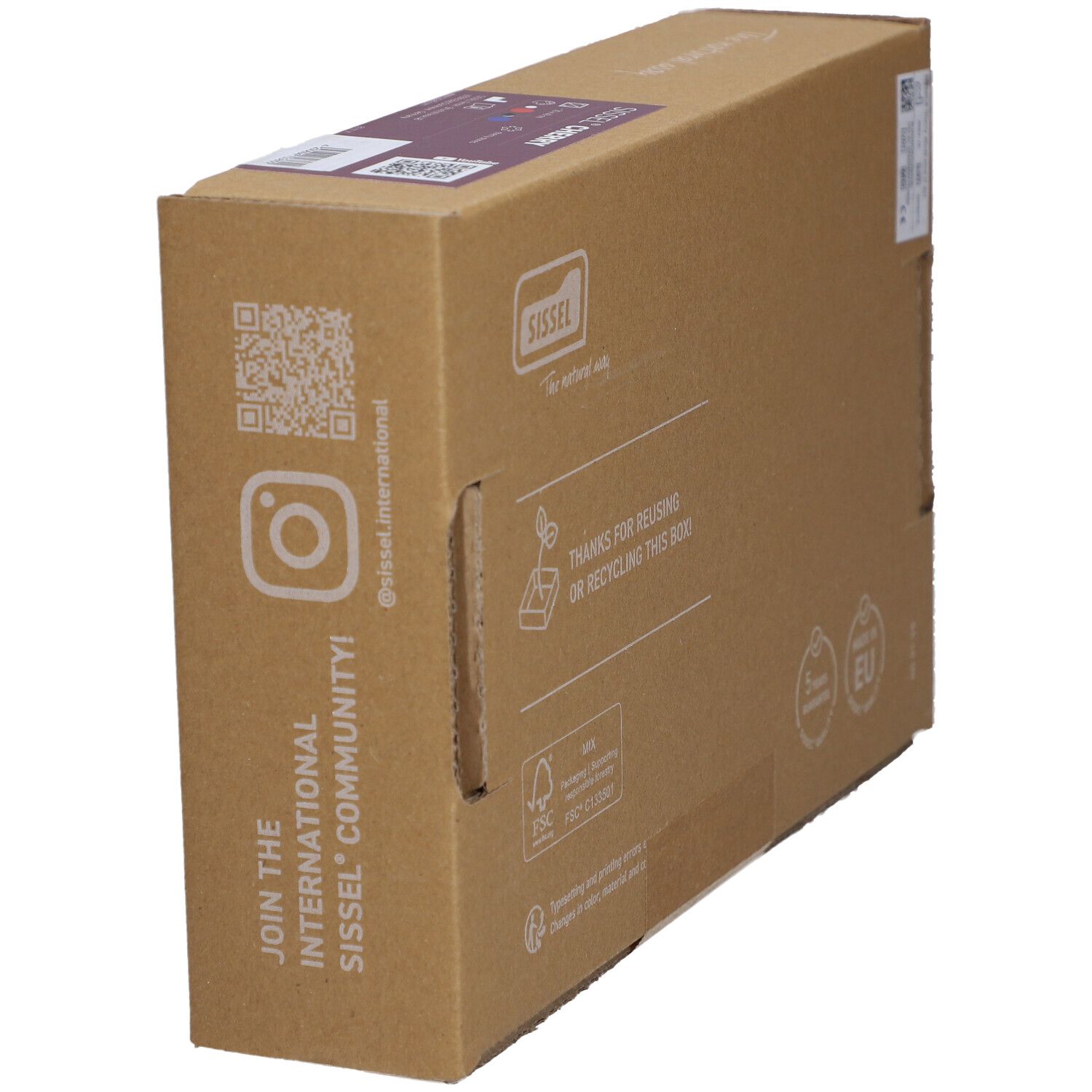 Emballage en carton avec logo Instagram et code QR. Inscriptions et logos.