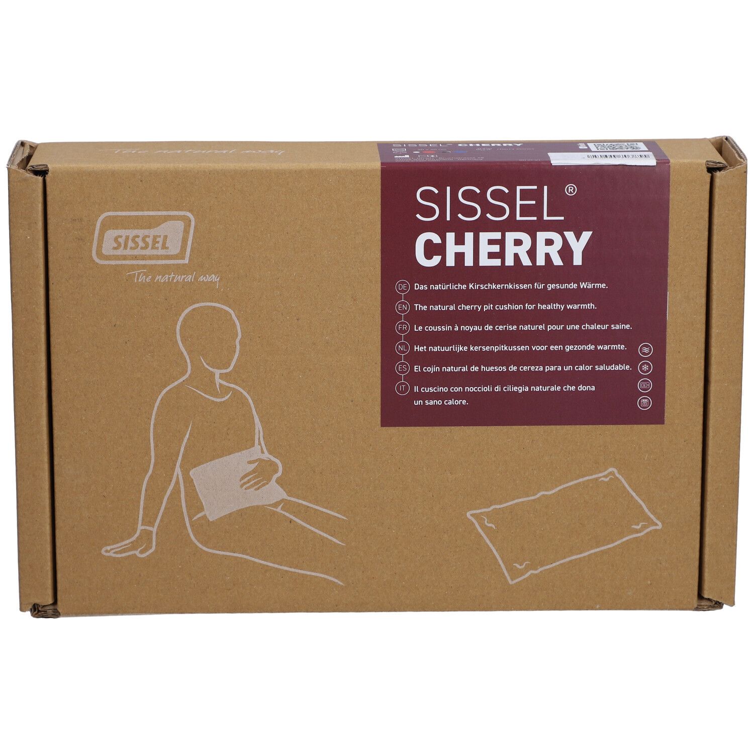 Emballage en carton avec image du produit et nom de marque Sissel Cherry. Description multilingue.