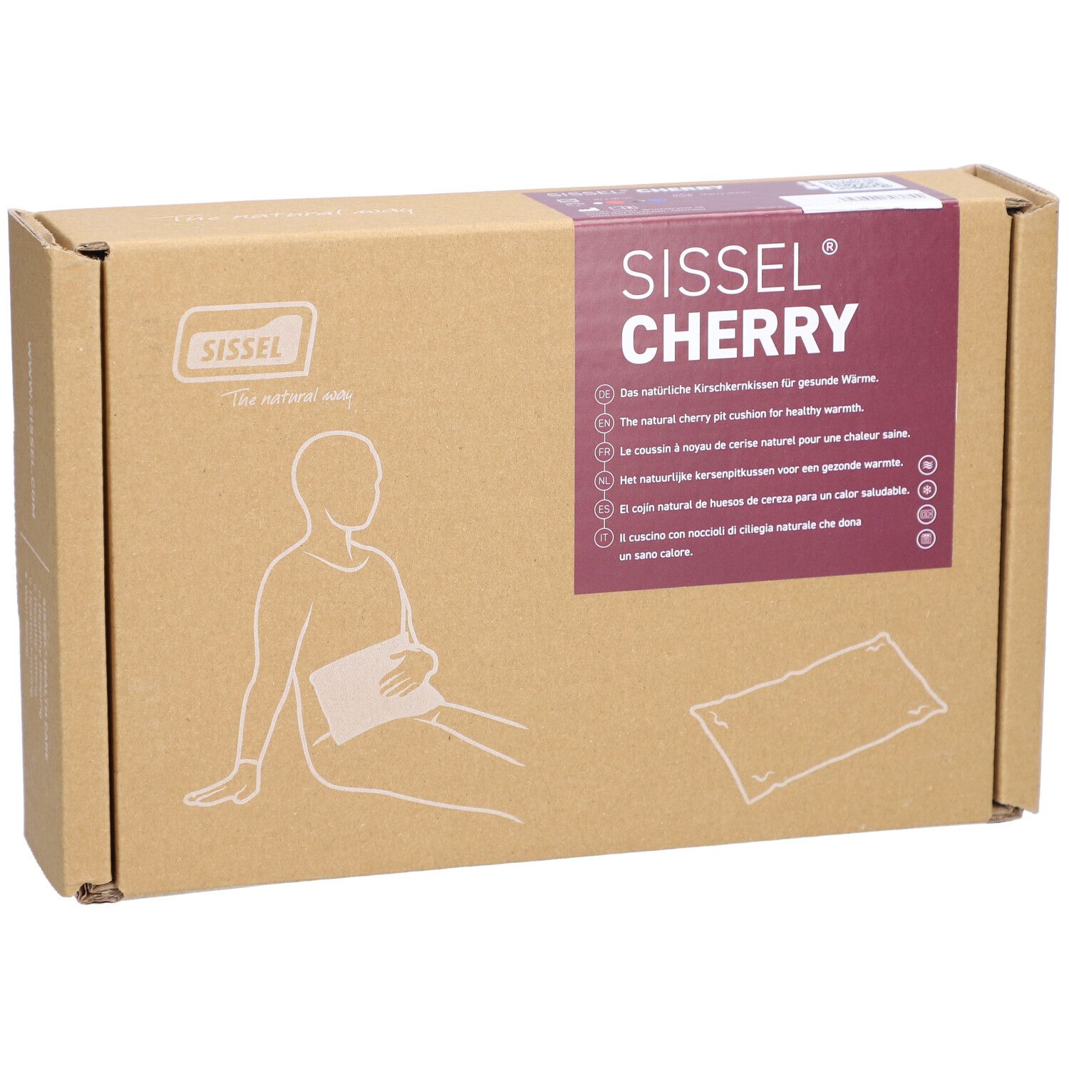 Emballage en carton avec image du produit et nom de marque Sissel Cherry. Description multilingue.