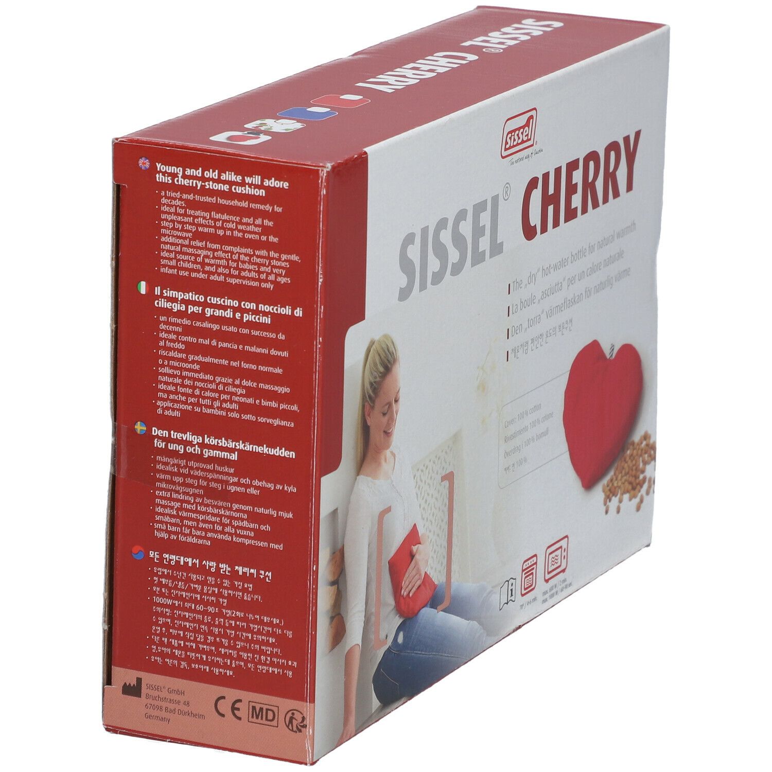 Emballage Sissel Cherry. Coussin cœur rouge et noyaux de cerises. Femme avec coussin. Symbole micro-ondes.