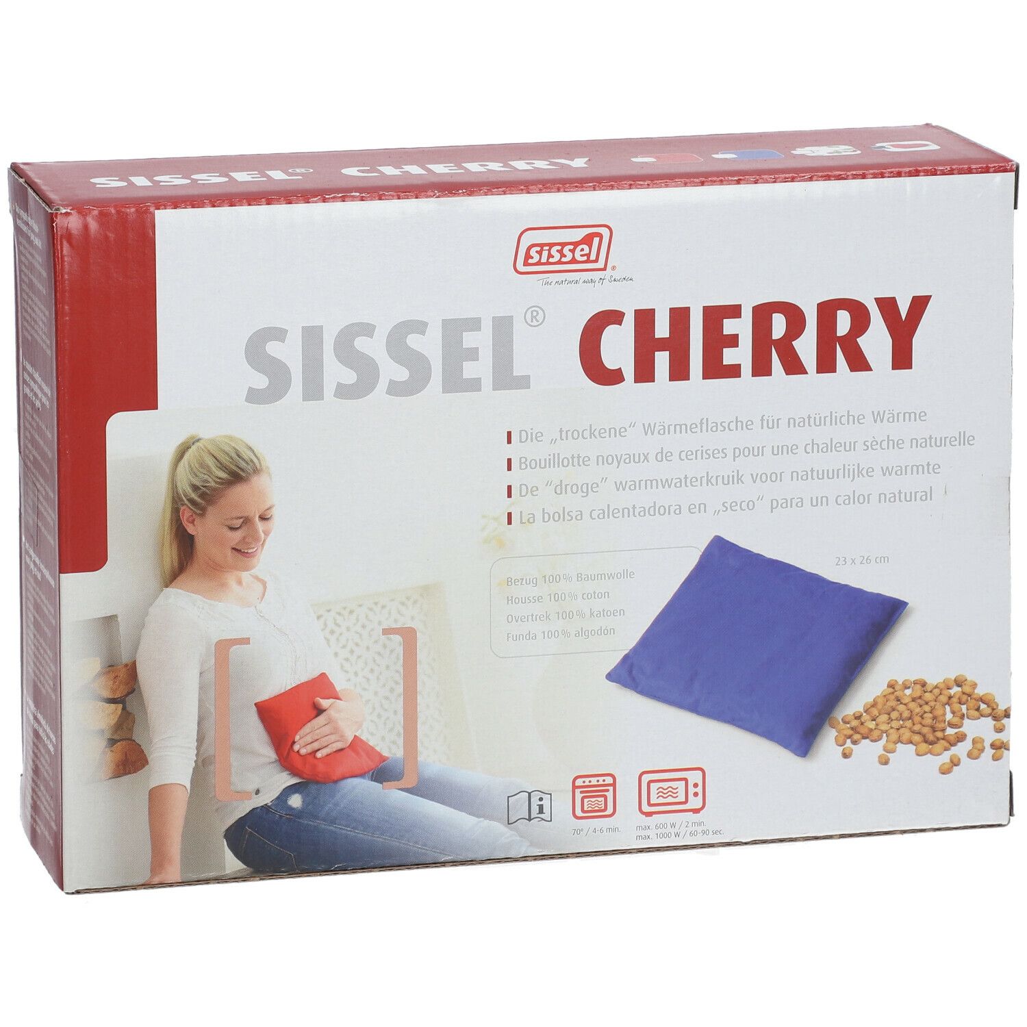 Emballage Sissel Cherry. Coussin bleu et noyaux de cerises. Femme avec coussin rouge. Symbole micro-ondes.