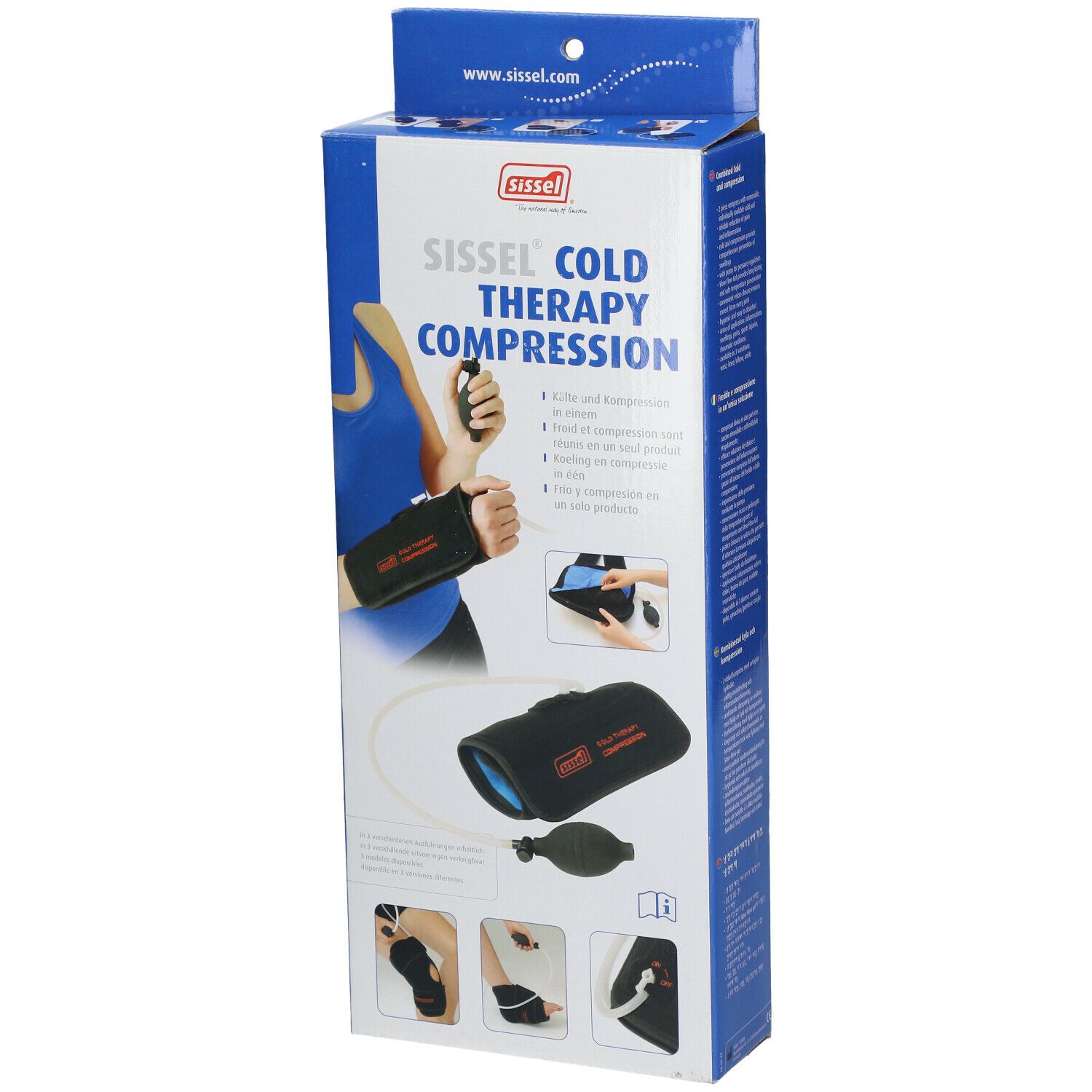 Verpakking van Sissel Cold Therapy Compression. Zwart product met pomp en illustraties van gebruik.
