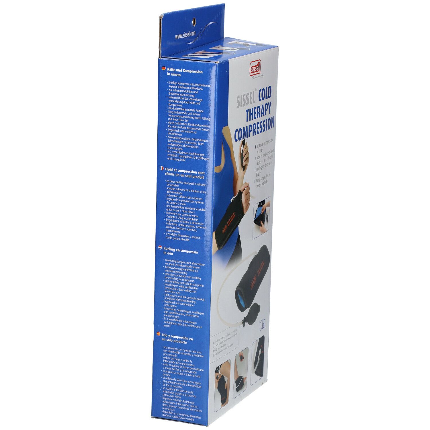 Zijkant van de verpakking van Sissel Cold Therapy Compression met tekst en productafbeeldingen.