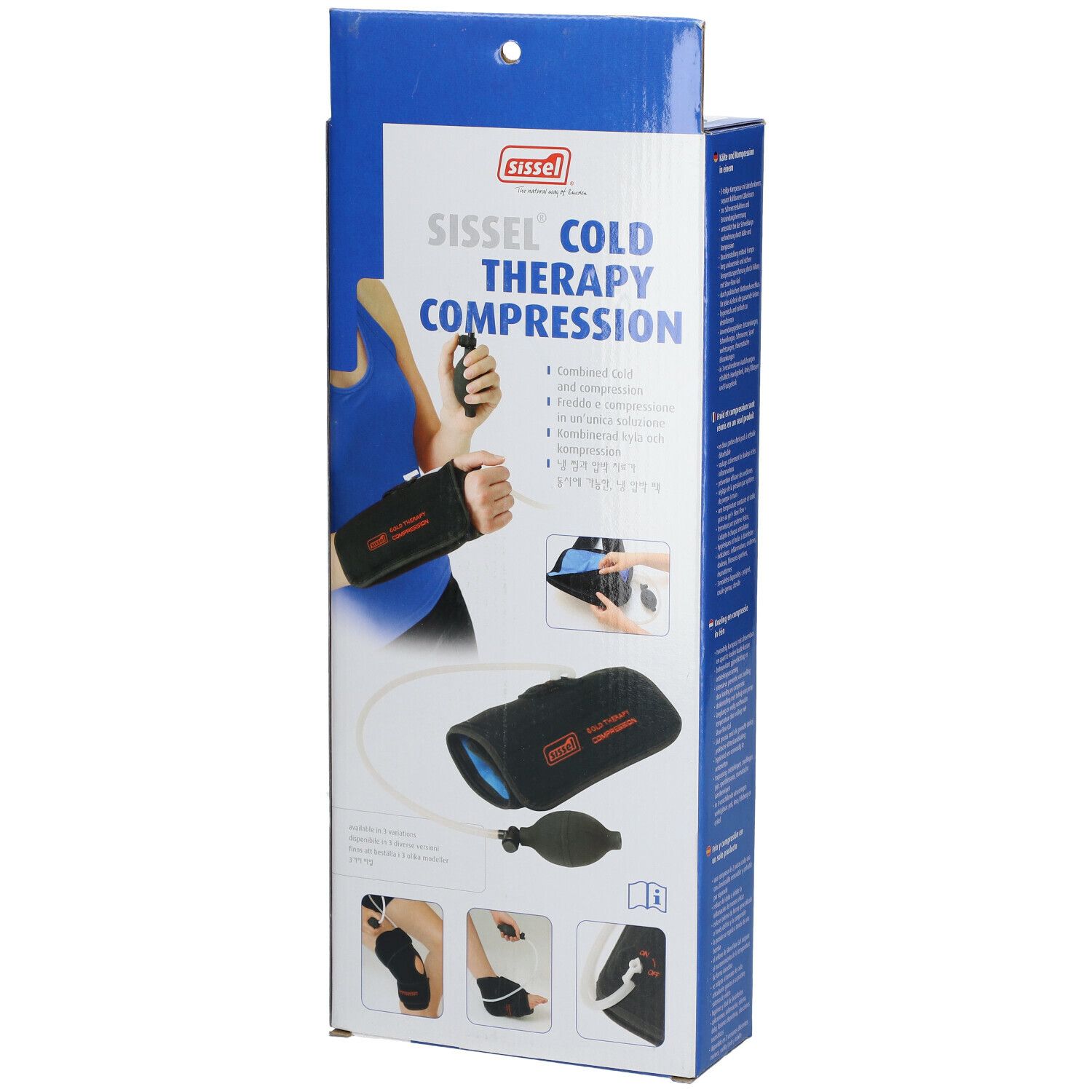 Voorkant van de verpakking van Sissel Cold Therapy Compression met product en voorbeelden van gebruik.