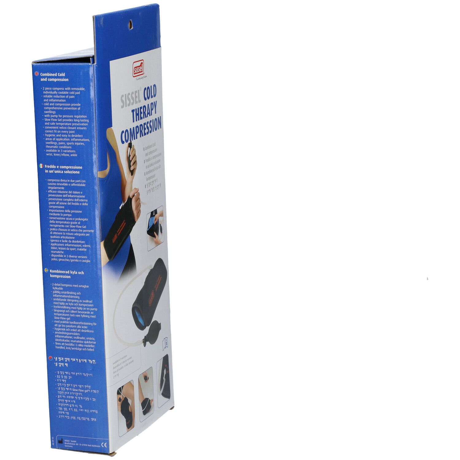 Zijkant van de verpakking van Sissel Cold Therapy Compression met tekst en productafbeeldingen.