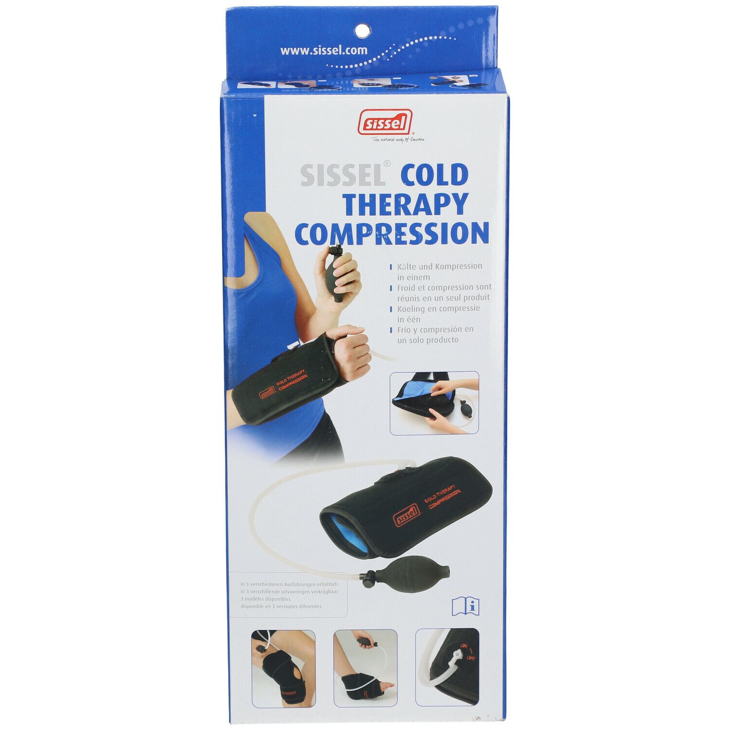 Voorkant van de verpakking van Sissel Cold Therapy Compression met product en voorbeelden van gebruik.