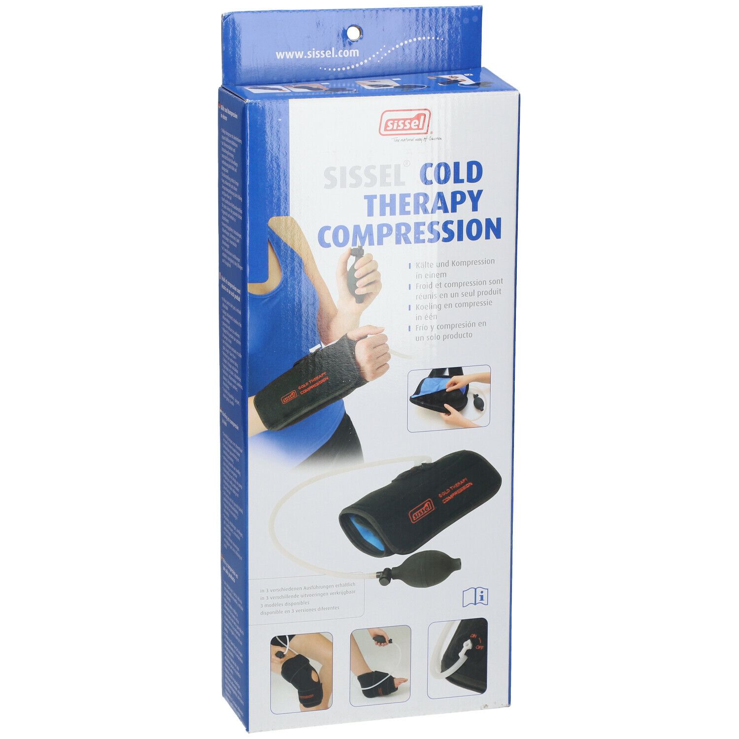 Voorkant van de verpakking van Sissel Cold Therapy Compression met product en voorbeelden van gebruik.
