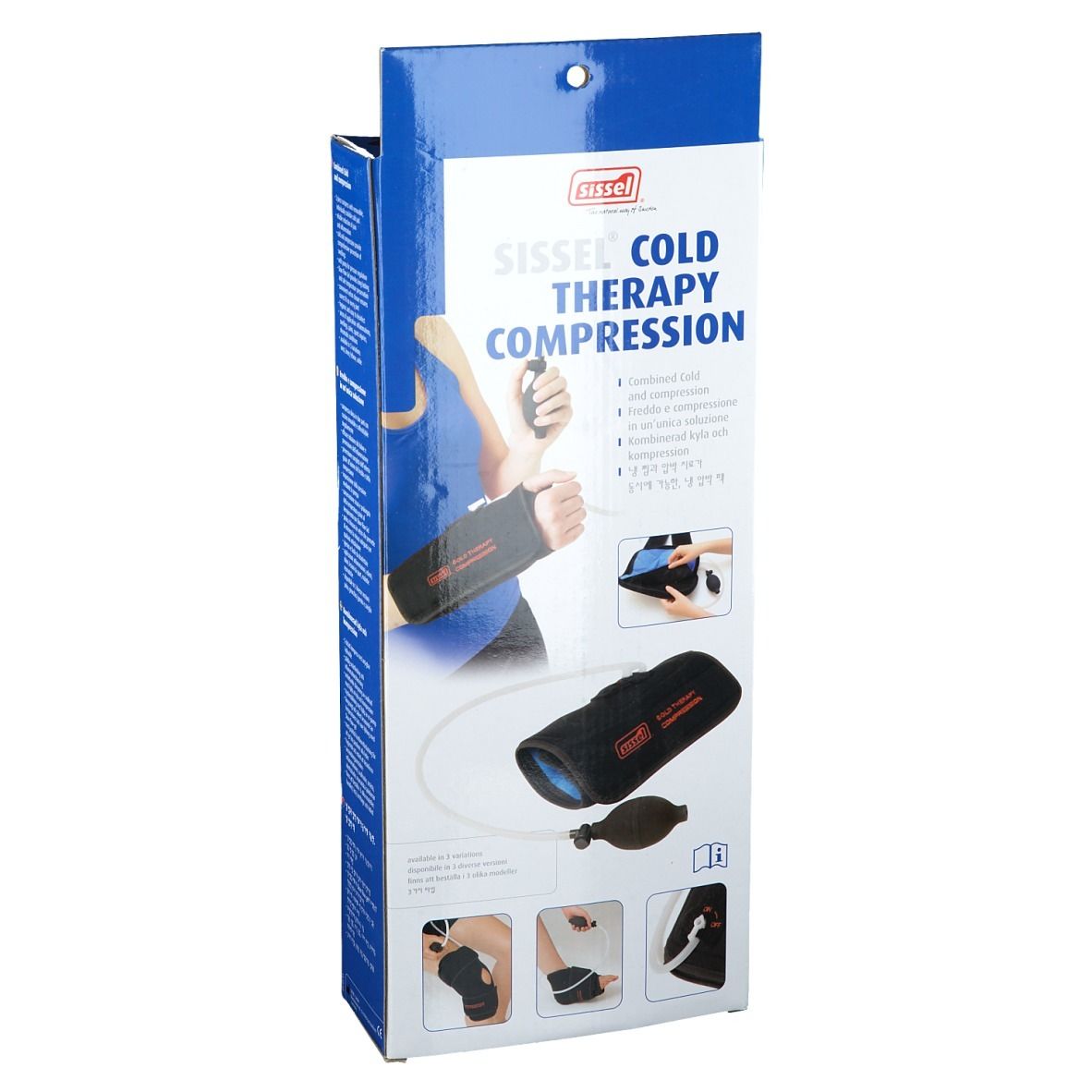 Verpakking met Sissel Cold Therapy Compression. Zwart product met blauw element en pomp. Tekst: Cold Therapy Compression.