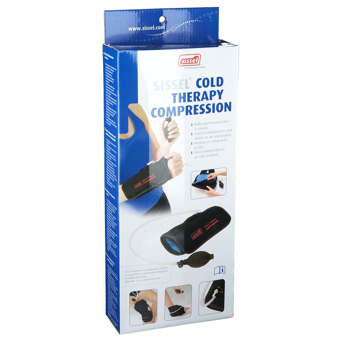 Verpakking met Sissel Cold Therapy Compression. Zwart product met blauw element en pomp. Tekst: Cold Therapy Compression.