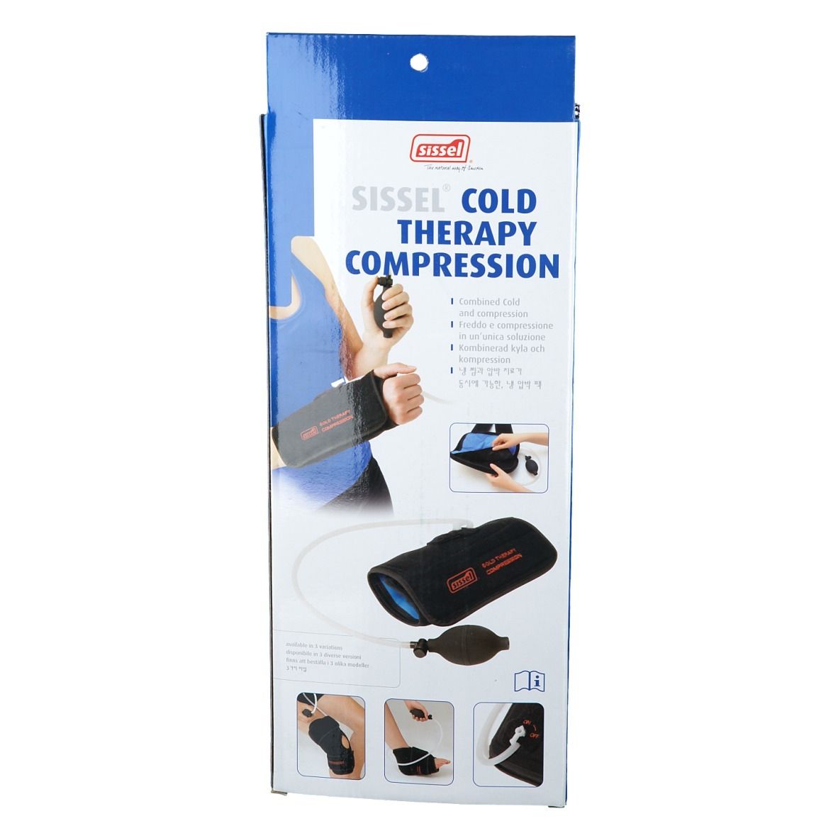 Verpakking met Sissel Cold Therapy Compression. Zwart product met blauw element en pomp. Tekst: Cold Therapy Compression.