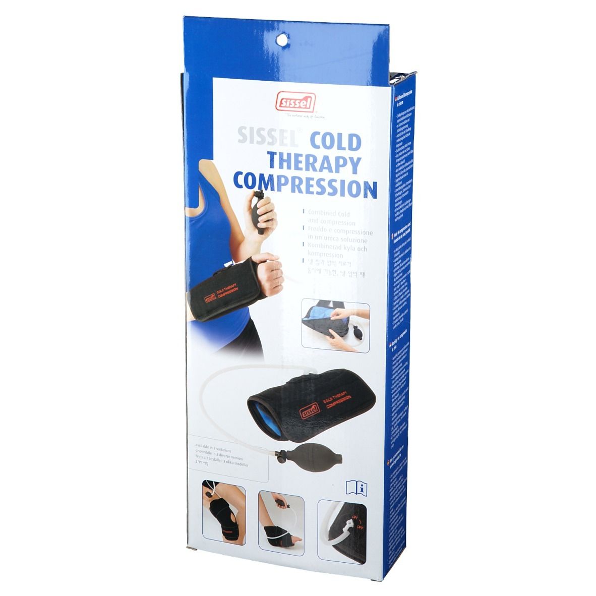 Verpakking met Sissel Cold Therapy Compression. Zwart product met blauw element en pomp. Tekst: Cold Therapy Compression.