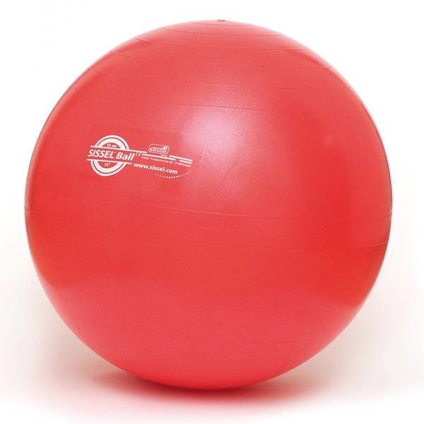 Ballon de gymnastique rouge. Marque Sissel Ball visible. Fond blanc. Diamètre non visible.