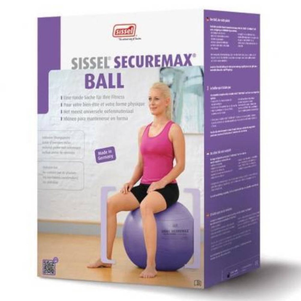 Emballage Sissel Securemax Ball. Femme assise sur ballon violet. Inscription : Made in Germany.