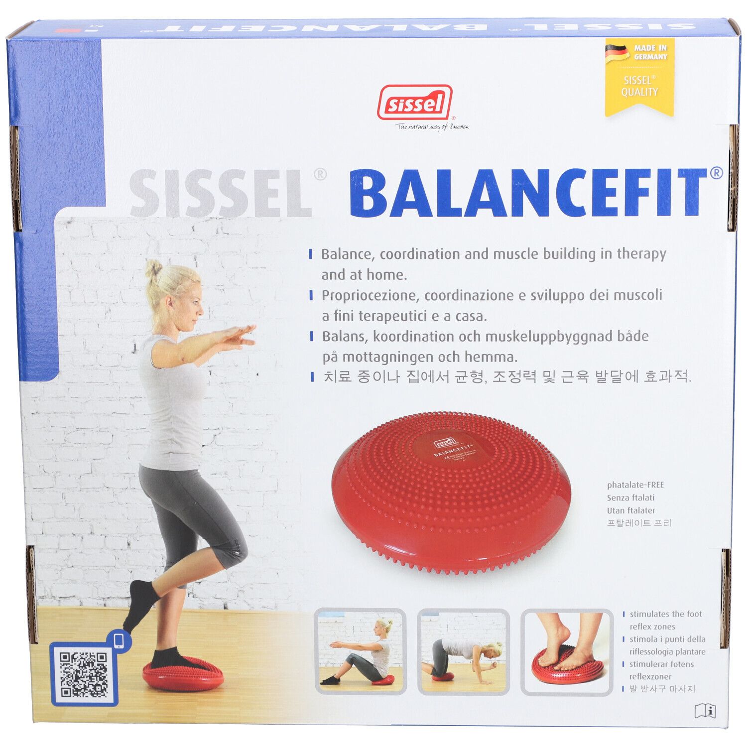 Rotes Sissel Balancefit Trainingsgerät. Runde Form mit Noppen. Aufschrift Balancefit und Sissel.