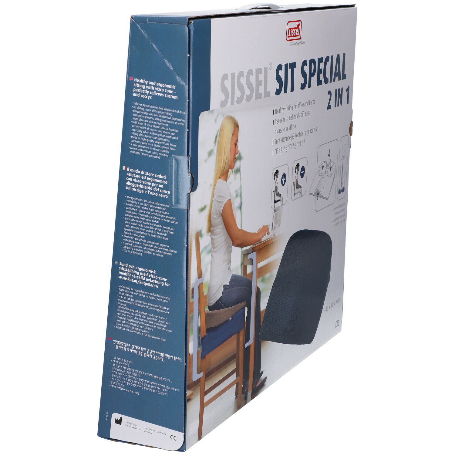 Sissel Sit Special 2 in 1 Verpackung. Frau sitzt am Schreibtisch. Produktabbildung. Maße: 43 x 40 x 9 cm.