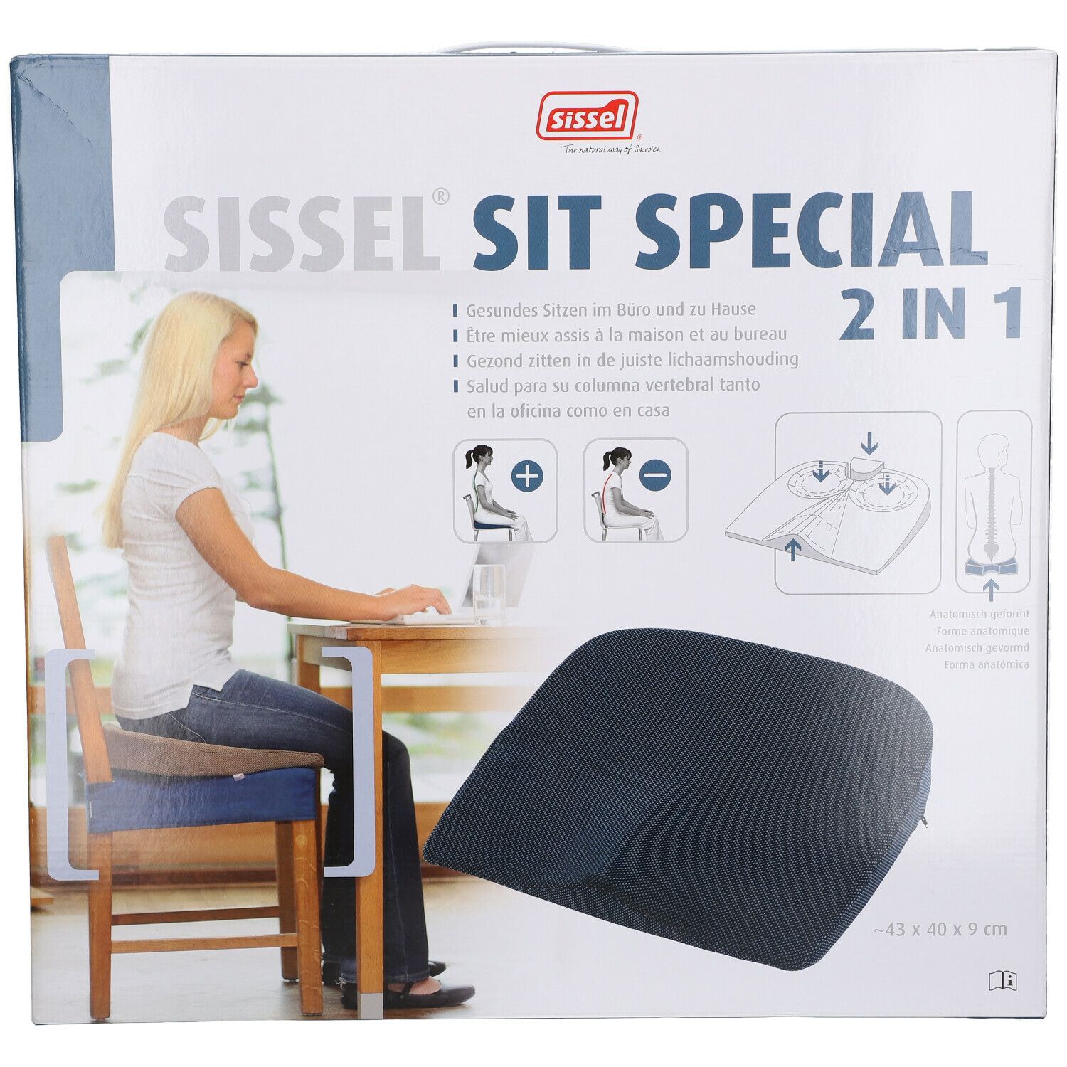 Verpackung Sissel Sit Special 2 in 1. Frau sitzt am Schreibtisch. Produktabbildung. Maße: 43 x 40 x 9 cm.