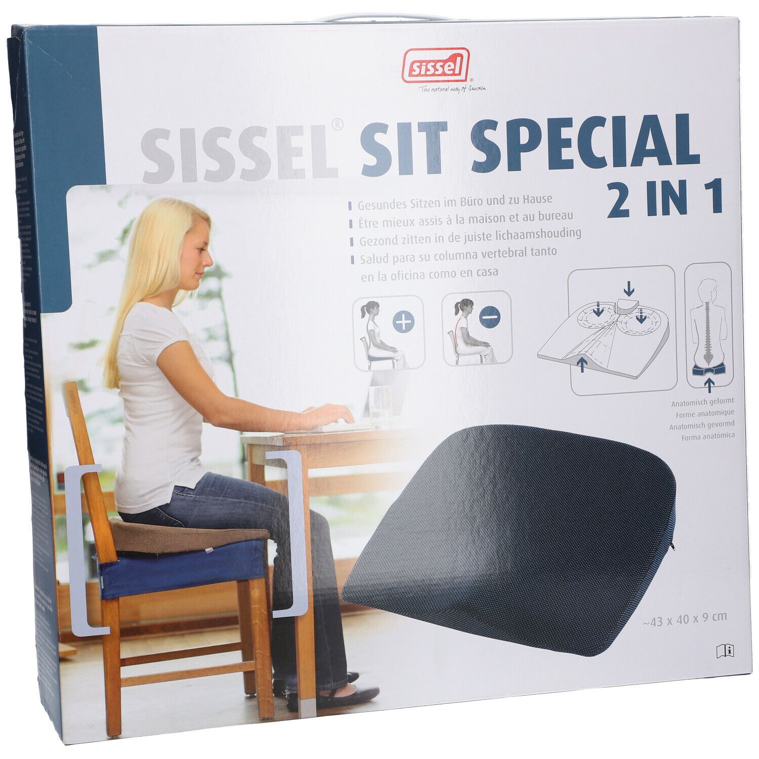 Verpackung Sissel Sit Special 2 in 1. Frau sitzt am Schreibtisch. Produktabbildung. Maße: 43 x 40 x 9 cm.