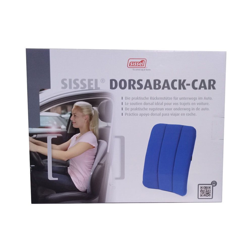 Coussin dorsal bleu sur emballage. Inscription: SISSEL DORSABACK-CAR. Femme dans une voiture. Texte en allemand, français, italien, néerlandais.