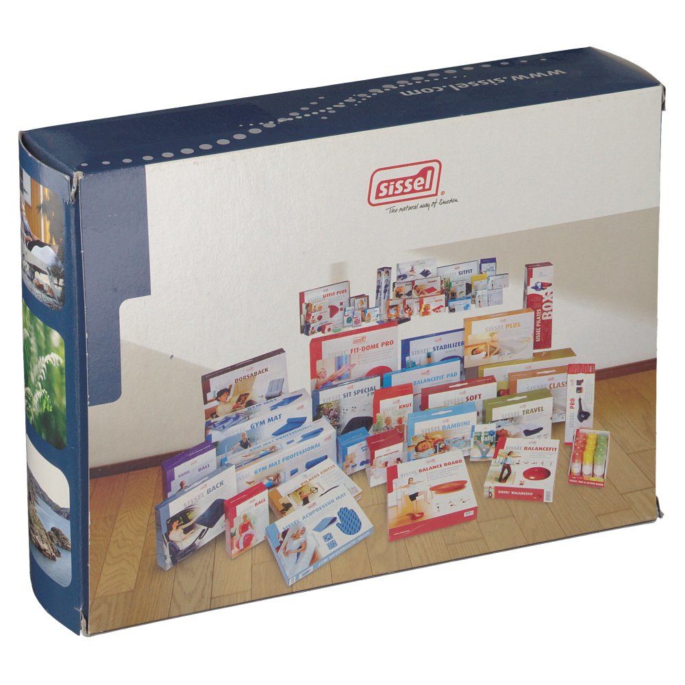 Emballage avec images de produits. Logo Sissel. Nombreux emballages de produits en arrière-plan. Différents produits.