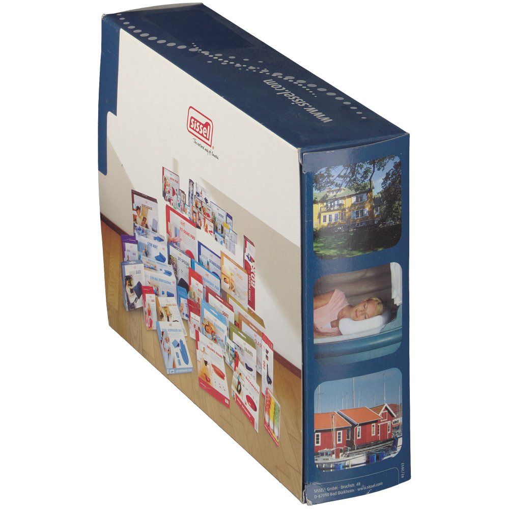 Emballage, vue latérale. Logo Sissel. Nombreuses images de produits en arrière-plan. Différents produits.