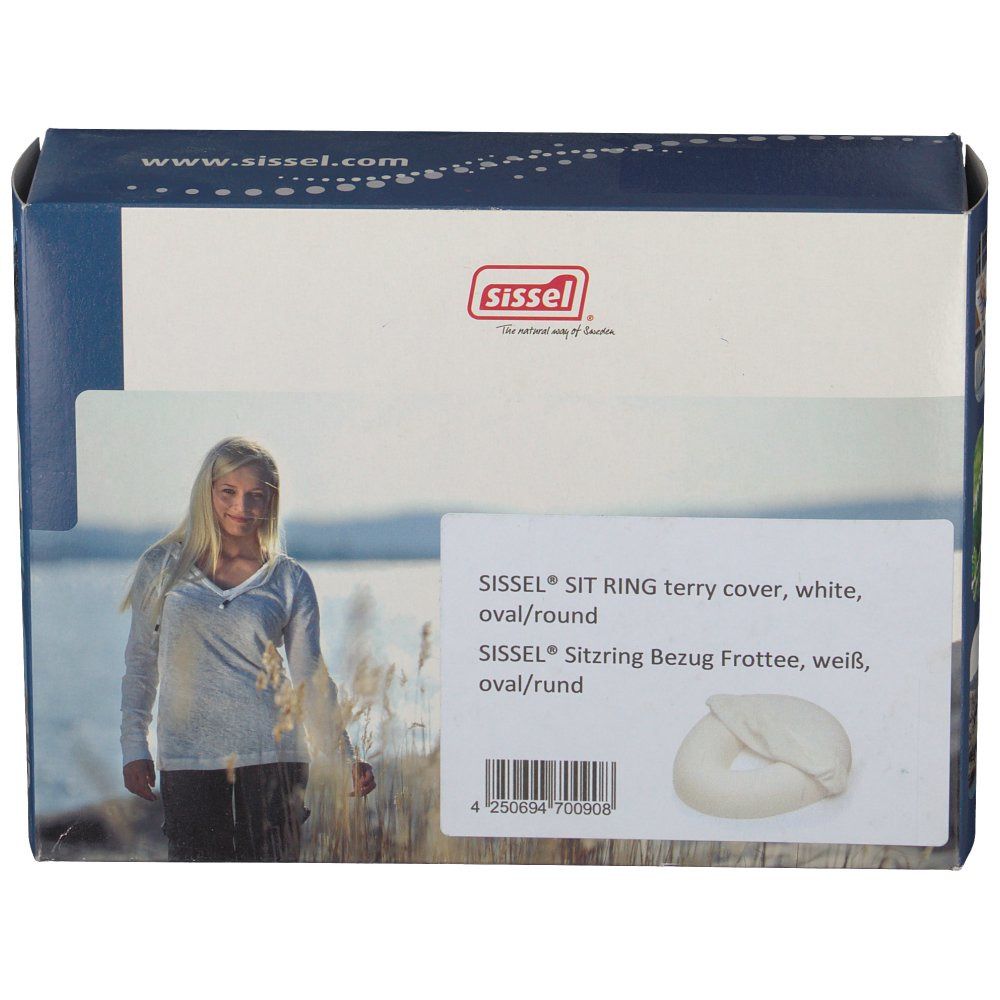 Emballage avec image du produit et texte. Logo Sissel. Texte: Sissel Sitzring Bezug Frottee, weiß, oval/rund.