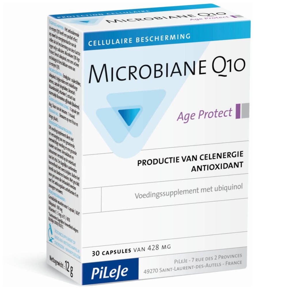Boîte de Microbiane Q10 Age Protect. Contient 30 gélules. Inscription: Protection cellulaire, antioxydant.