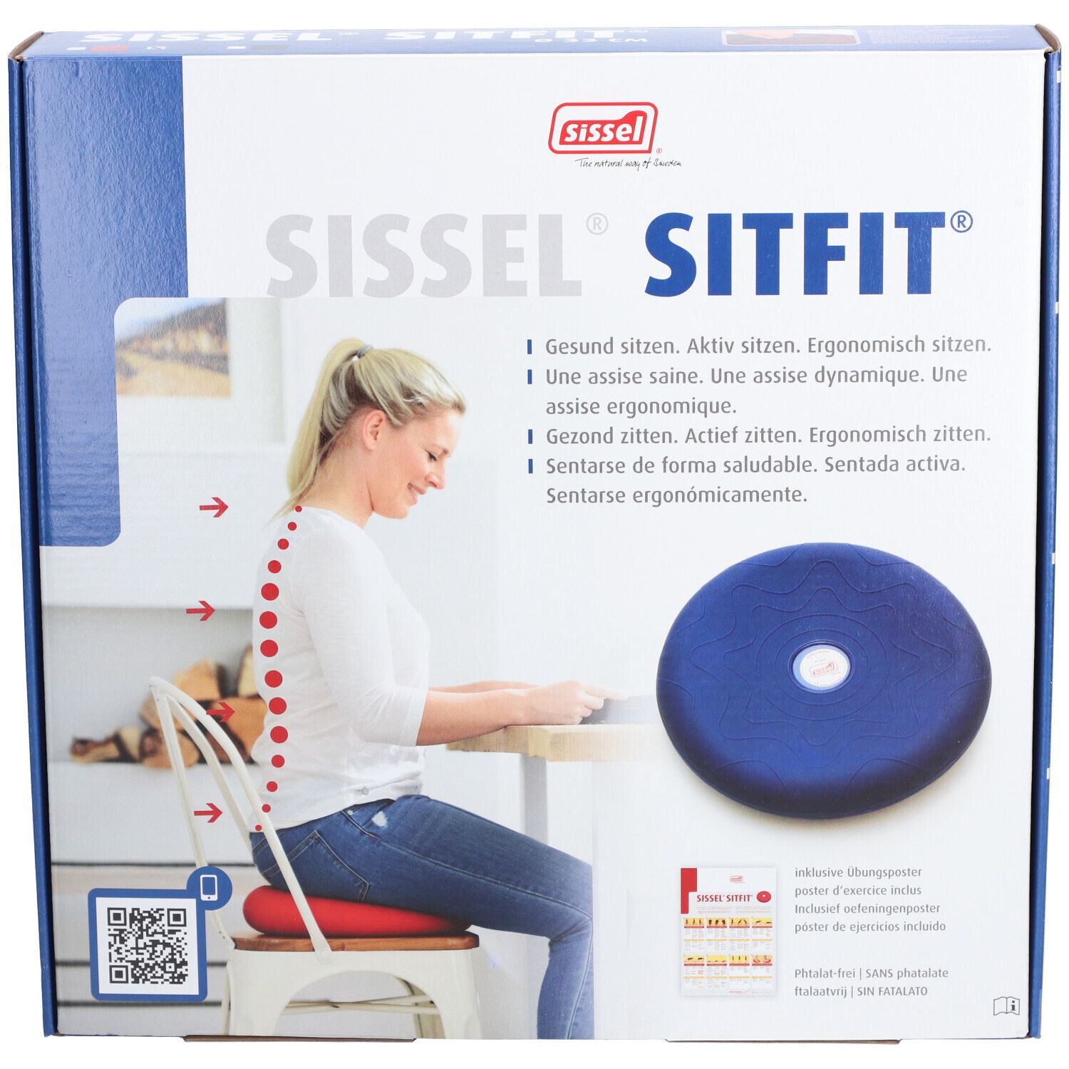 Emballage avec coussin de siège bleu Sissel Sitfit. Femme assise sur une chaise, colonne vertébrale marquée. Texte : Assise saine, active, ergonomique.