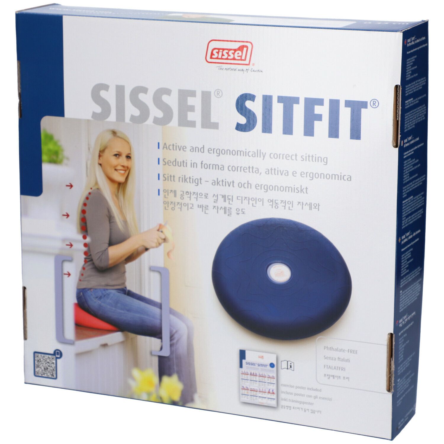 Emballage avec coussin de siège bleu Sissel Sitfit. Femme assise sur un banc, colonne vertébrale marquée. Texte : Assise active et ergonomique.